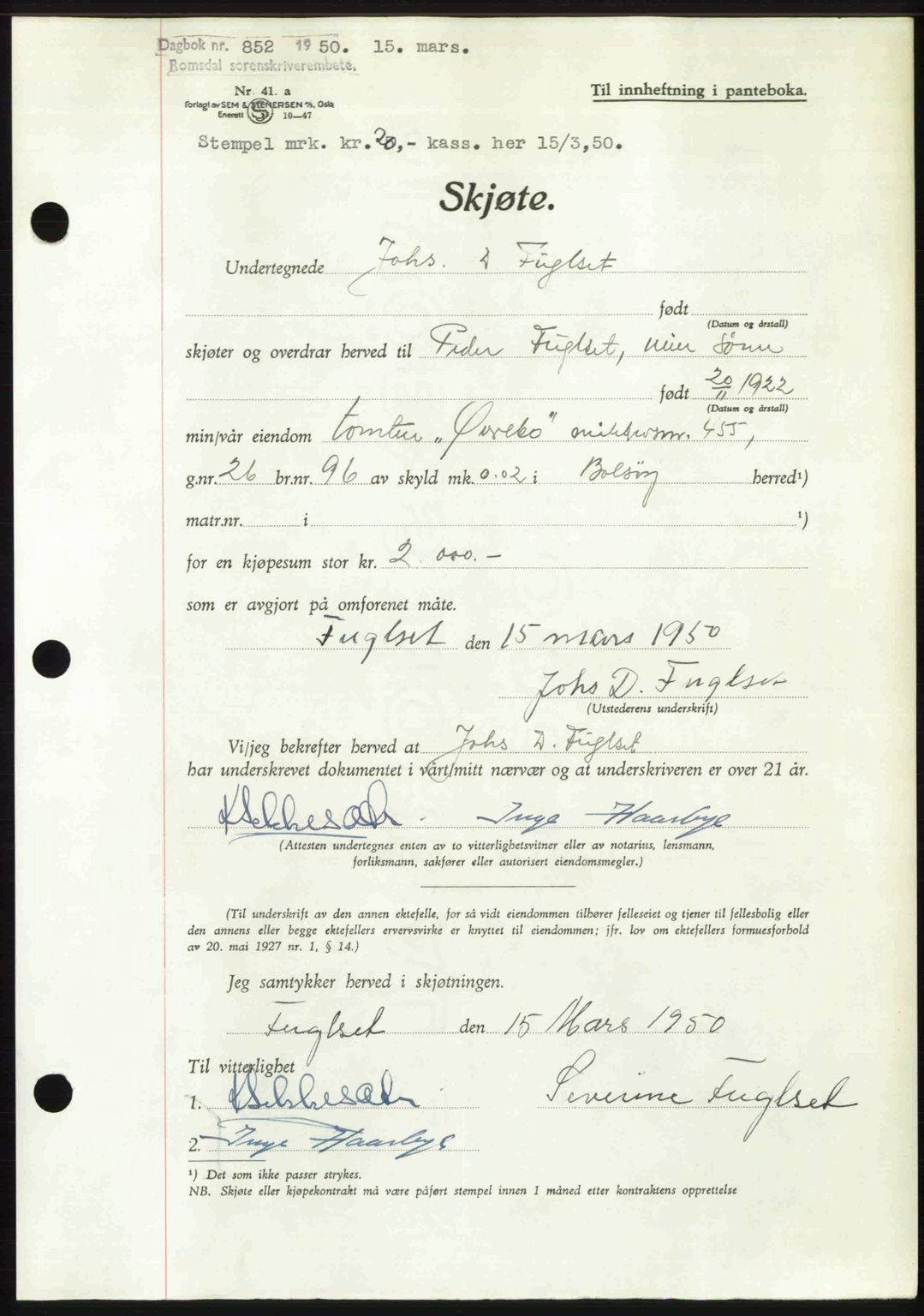 Romsdal sorenskriveri, AV/SAT-A-4149/1/2/2C: Pantebok nr. A32, 1950-1950, Dagboknr: 852/1950
