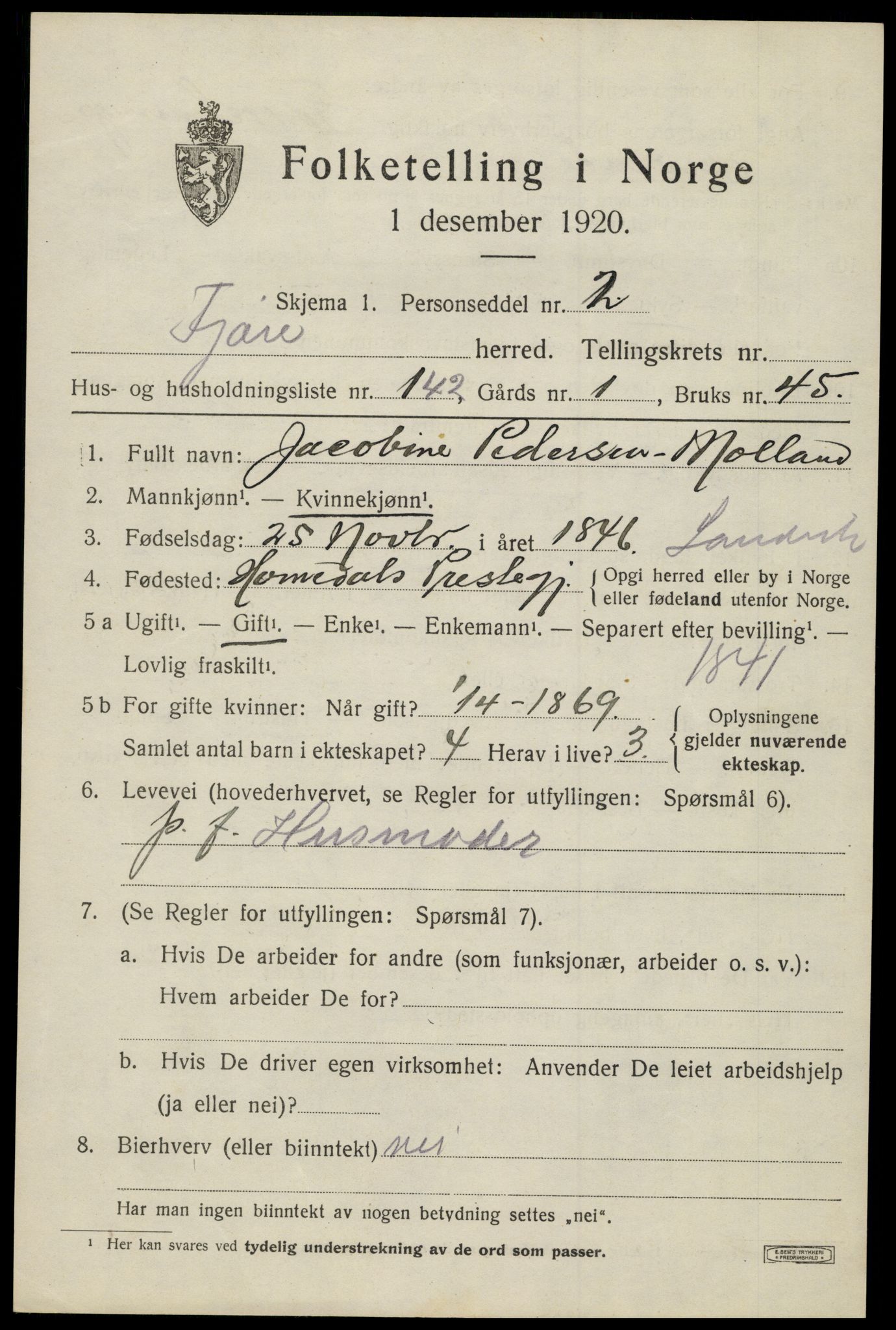 SAK, Folketelling 1920 for 0923 Fjære herred, 1920, s. 9845