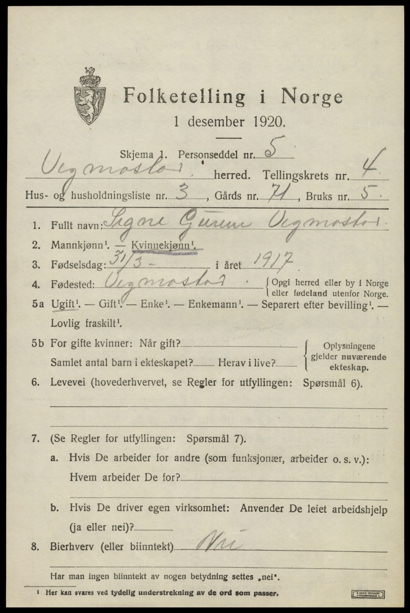 SAK, Folketelling 1920 for 1028 Vigmostad herred, 1920, s. 1239