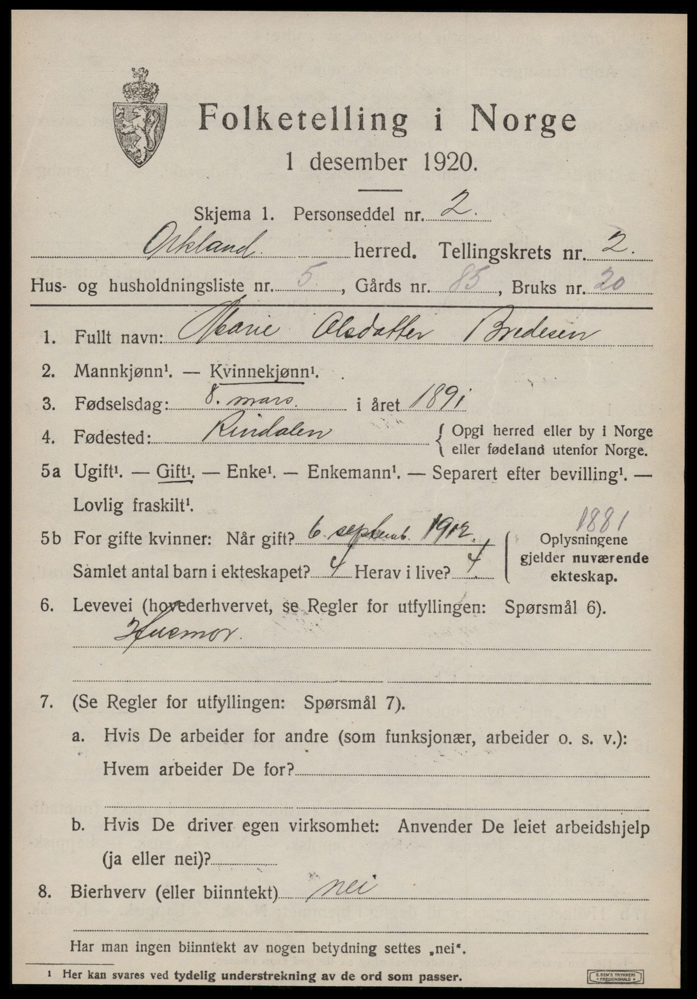 SAT, Folketelling 1920 for 1637 Orkland herred, 1920, s. 1736