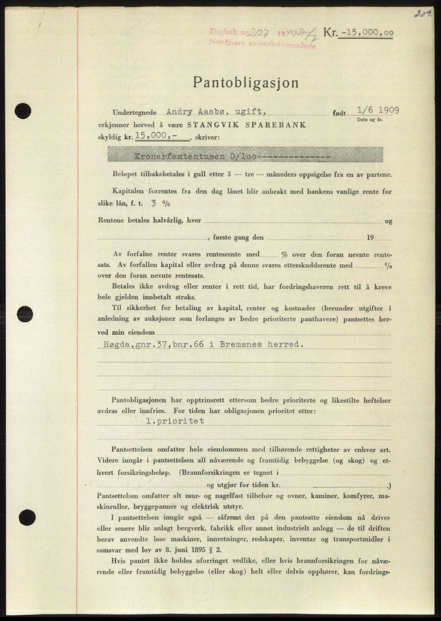 Nordmøre sorenskriveri, SAT/A-4132/1/2/2Ca: Pantebok nr. B102, 1949-1949, Dagboknr: 2127/1949