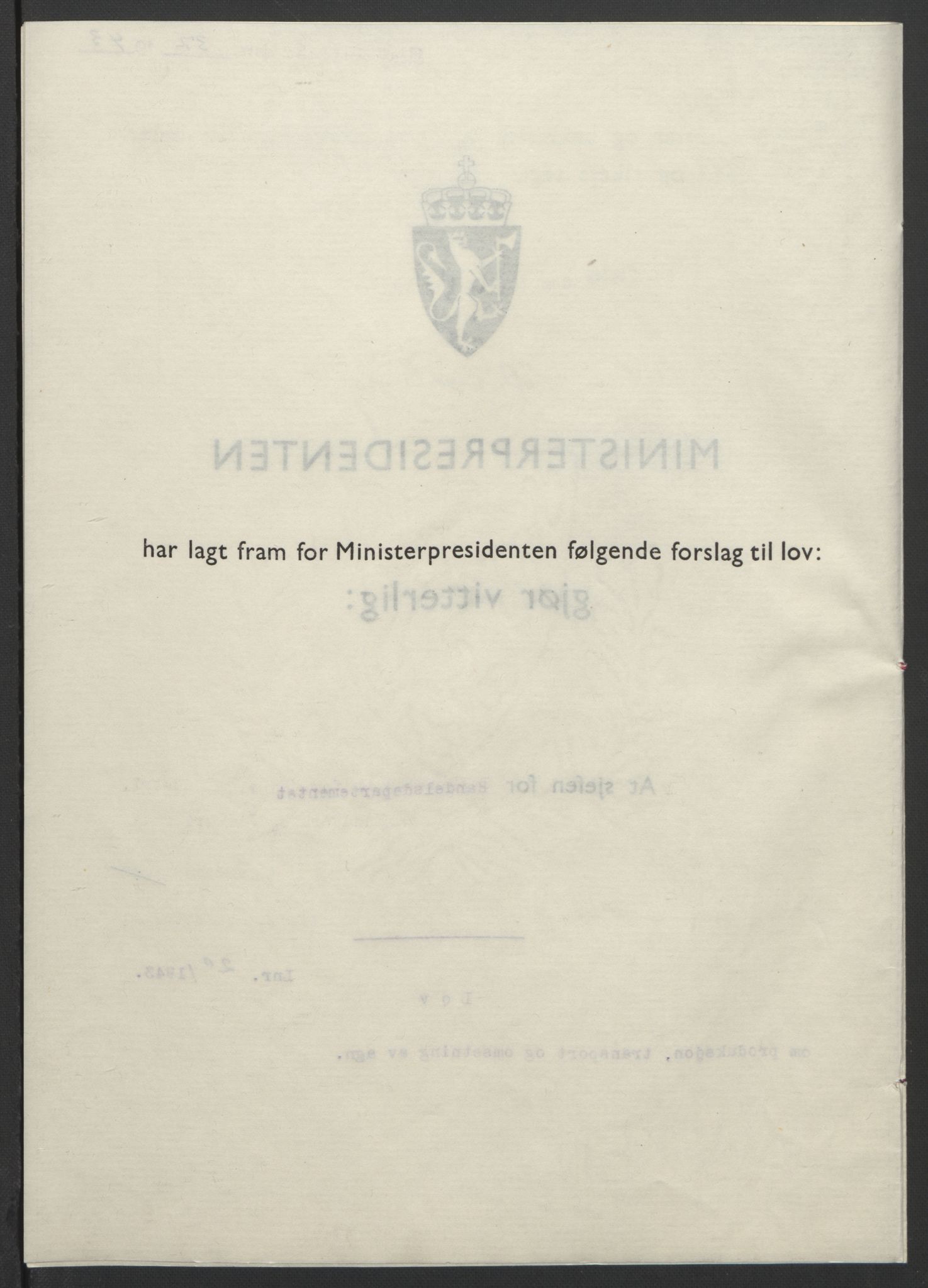 NS-administrasjonen 1940-1945 (Statsrådsekretariatet, de kommisariske statsråder mm), AV/RA-S-4279/D/Db/L0099: Lover, 1943, s. 82