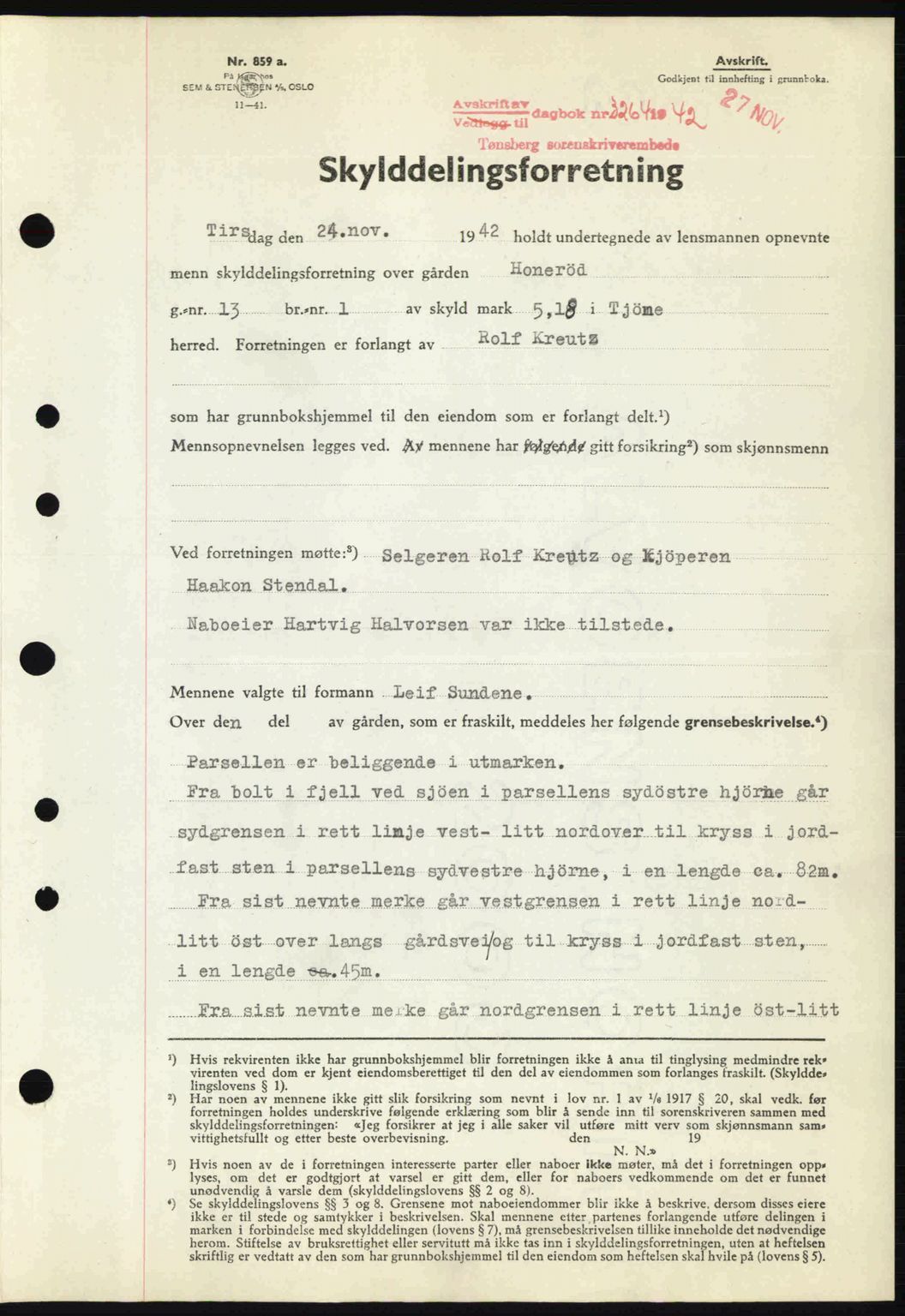 Tønsberg sorenskriveri, AV/SAKO-A-130/G/Ga/Gaa/L0012: Pantebok nr. A12, 1942-1943, Dagboknr: 3264/1942