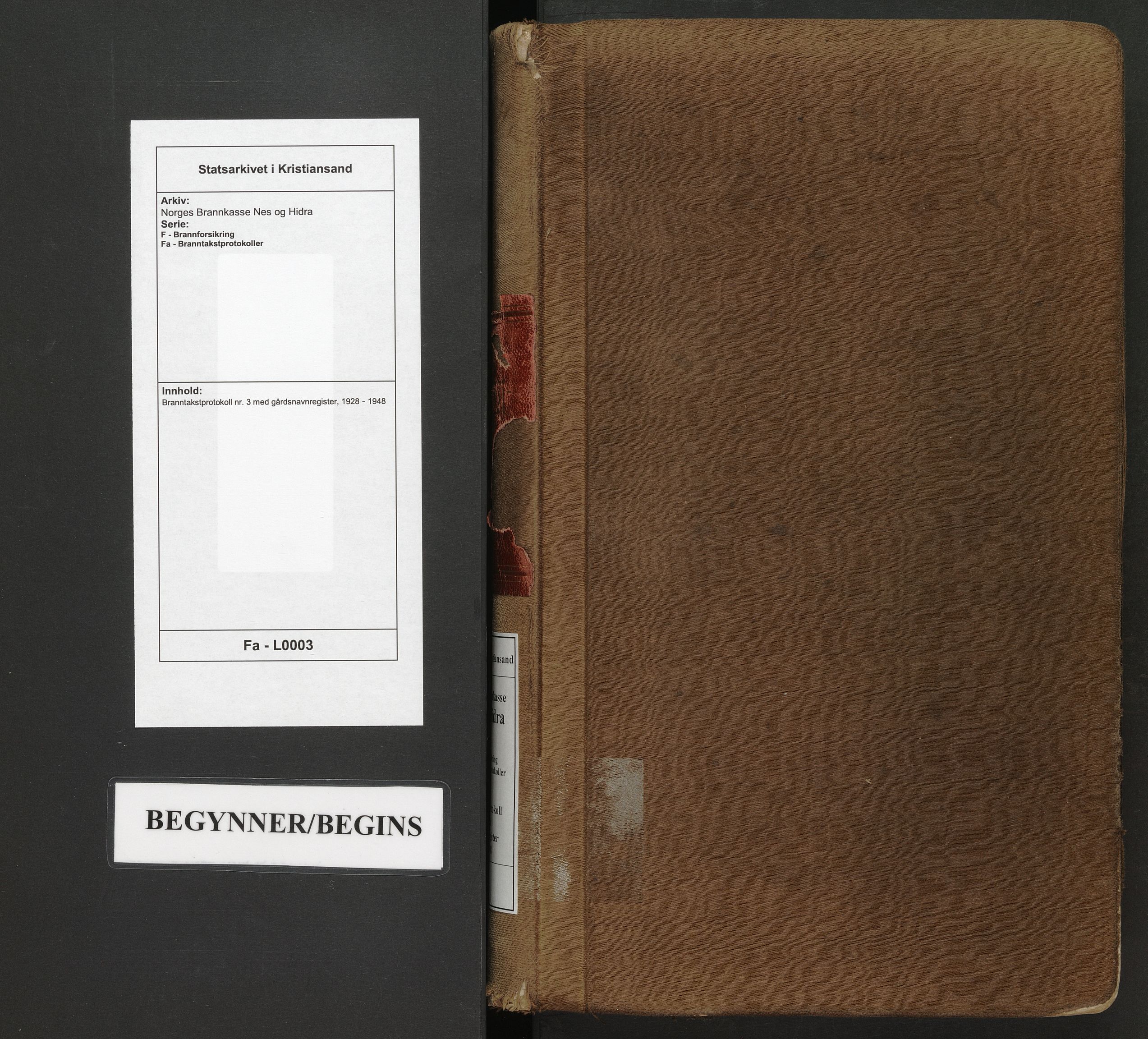 Norges Brannkasse Nes og Hidra, SAK/2241-0040/F/Fa/L0003: Branntakstprotokoll nr. 3 med gårdsnavnregister, 1928-1948