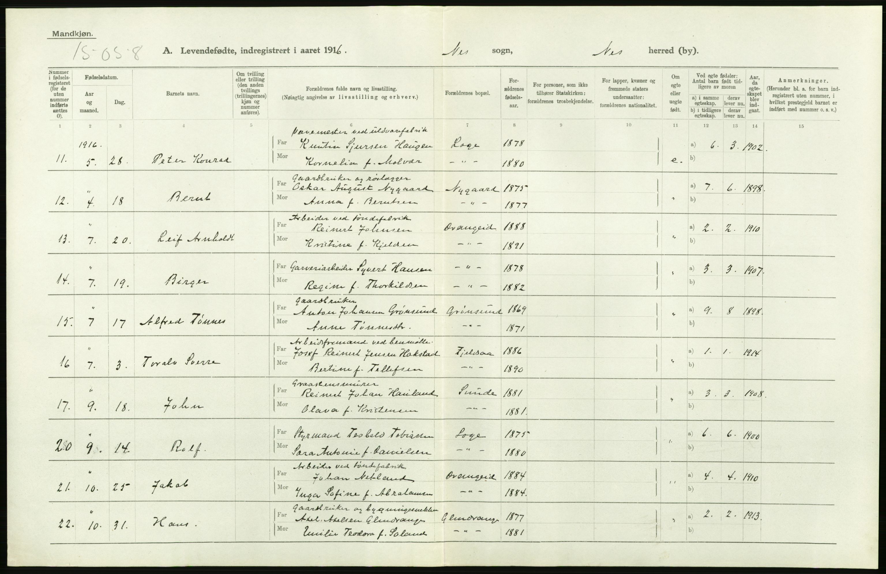 Statistisk sentralbyrå, Sosiodemografiske emner, Befolkning, AV/RA-S-2228/D/Df/Dfb/Dfbf/L0027: Lister og Mandals amt: Levendefødte menn og kvinner. Bygder og byer., 1916, s. 26