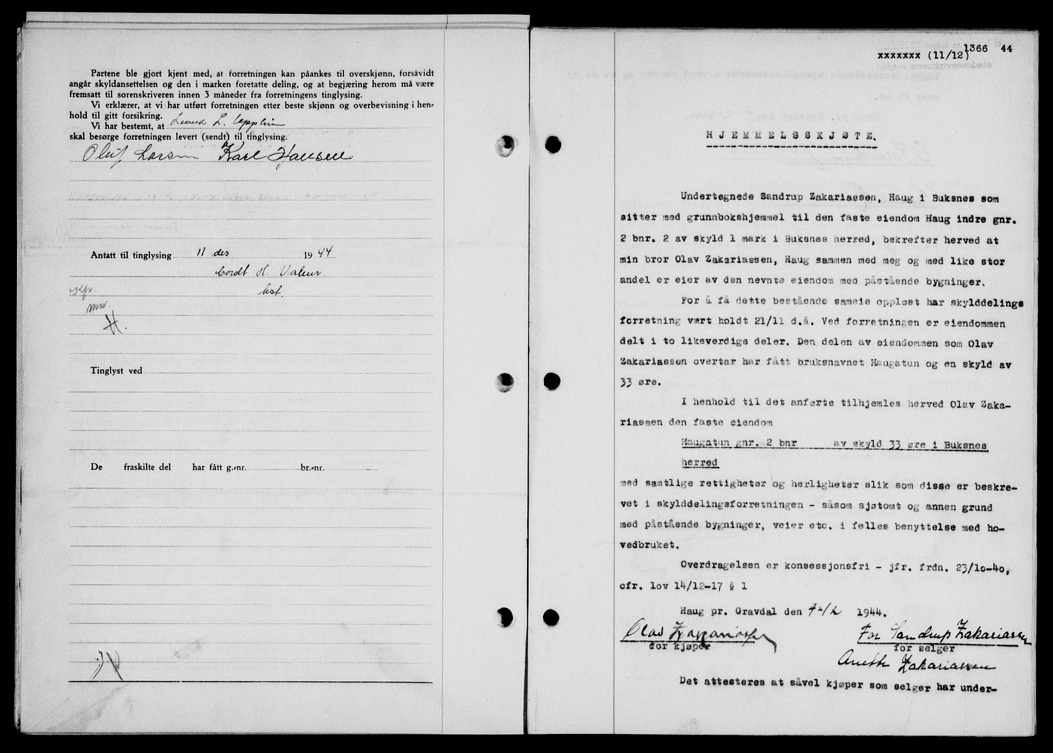 Lofoten sorenskriveri, SAT/A-0017/1/2/2C/L0013a: Pantebok nr. 13a, 1944-1946, Dagboknr: 1366/1944