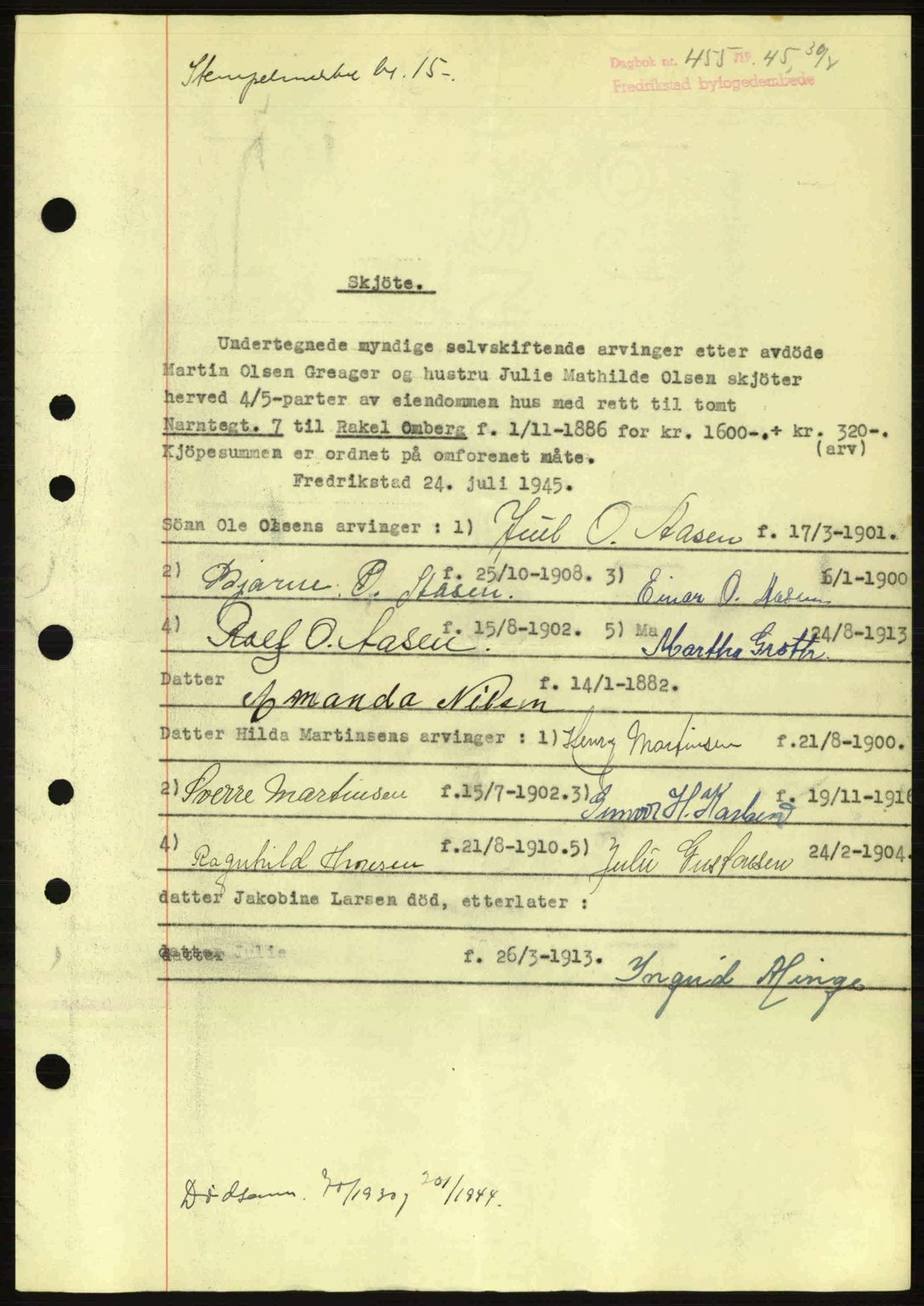Fredrikstad byfogd, AV/SAO-A-10473a/G/Ga/Gac/L0002: Pantebok nr. A32a, 1940-1945, Dagboknr: 455/1945