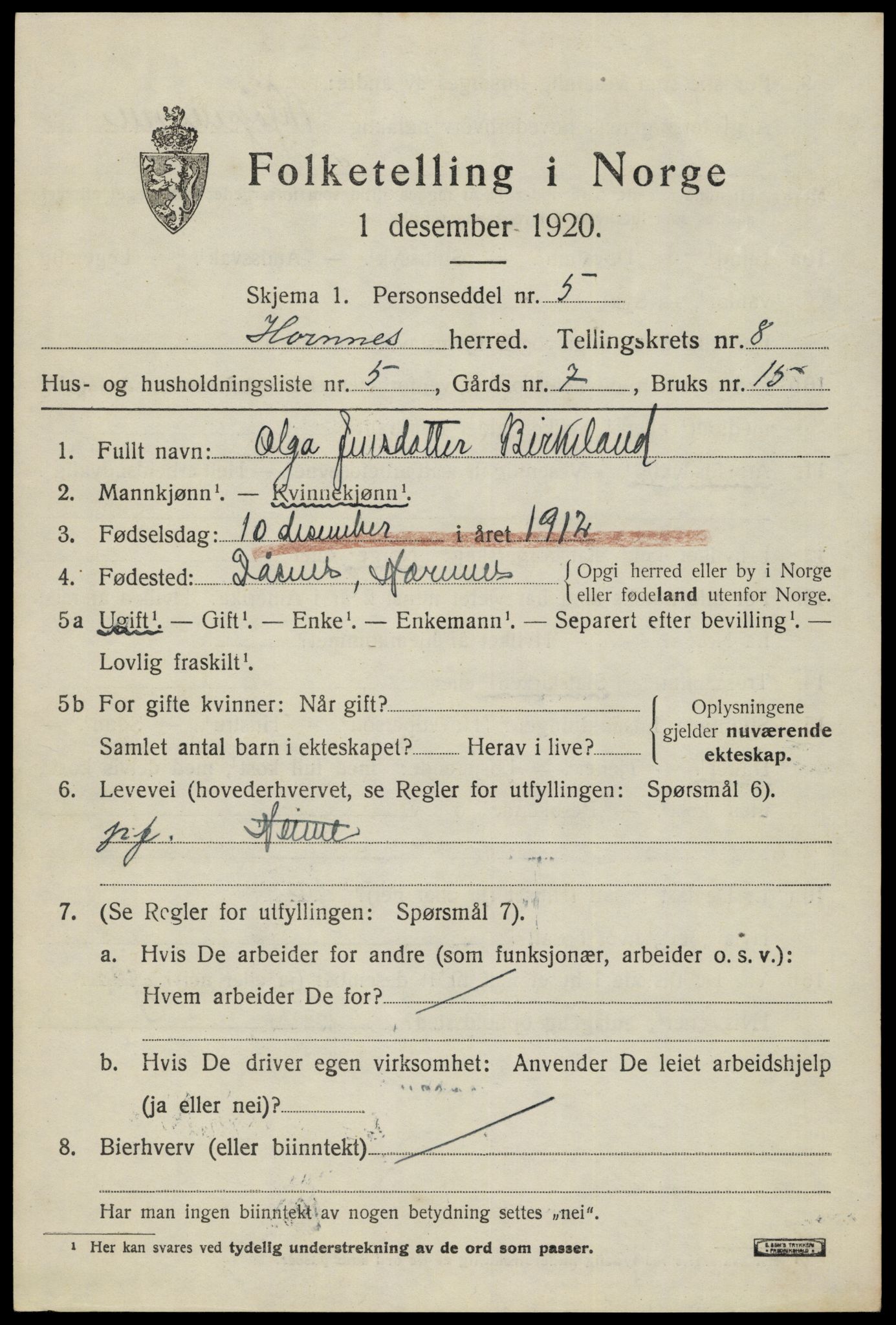 SAK, Folketelling 1920 for 0936 Hornnes herred, 1920, s. 1839