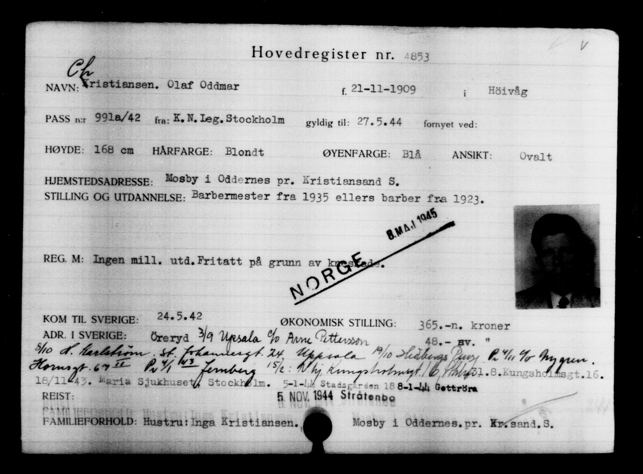 Utenriksstasjonene, Legasjonen i Stockholm, Flyktningkontoret, AV/RA-S-6753/V/Va/L0004: Kjesäterkartoteket, flyktninger med registreringsnr. 3496-6610, 1940-1945, s. 1611