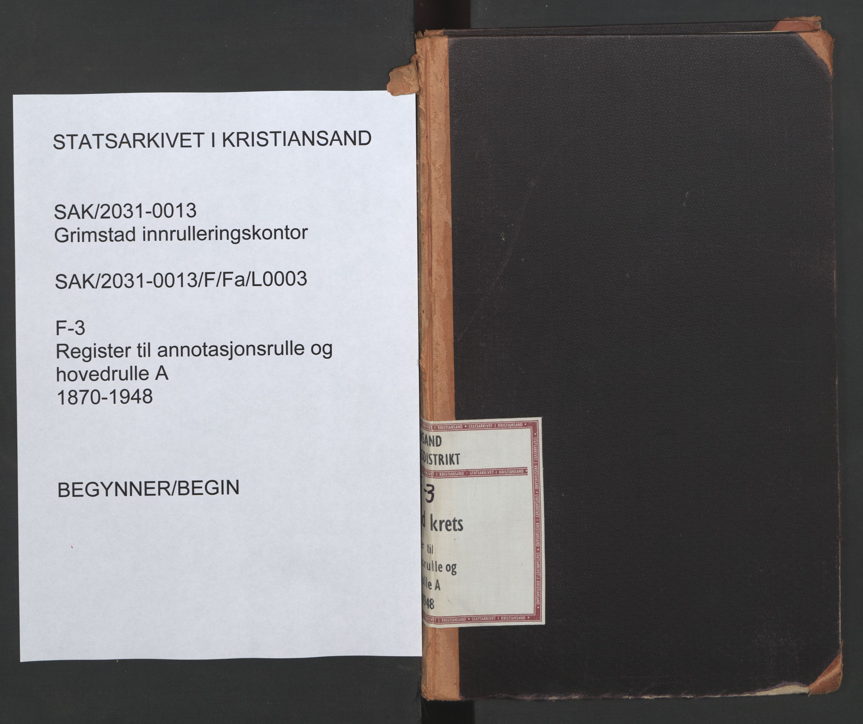 Grimstad mønstringskrets, SAK/2031-0013/F/Fa/L0003: Register til annotasjonsrulle og hovedrulle A, F-3, 1870-1948, s. 1