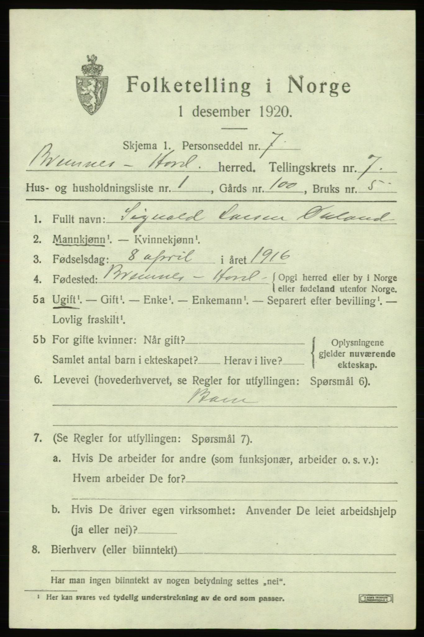 SAB, Folketelling 1920 for 1220 Bremnes herred, 1920, s. 4020