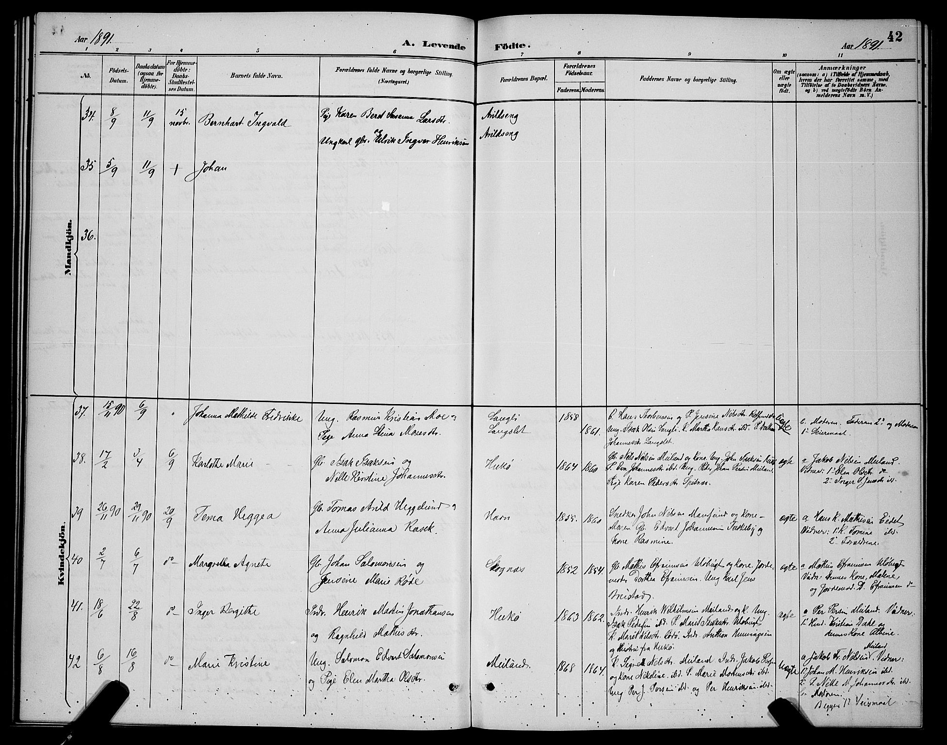 Skjervøy sokneprestkontor, AV/SATØ-S-1300/H/Ha/Hab/L0007klokker: Klokkerbok nr. 7, 1889-1899, s. 42