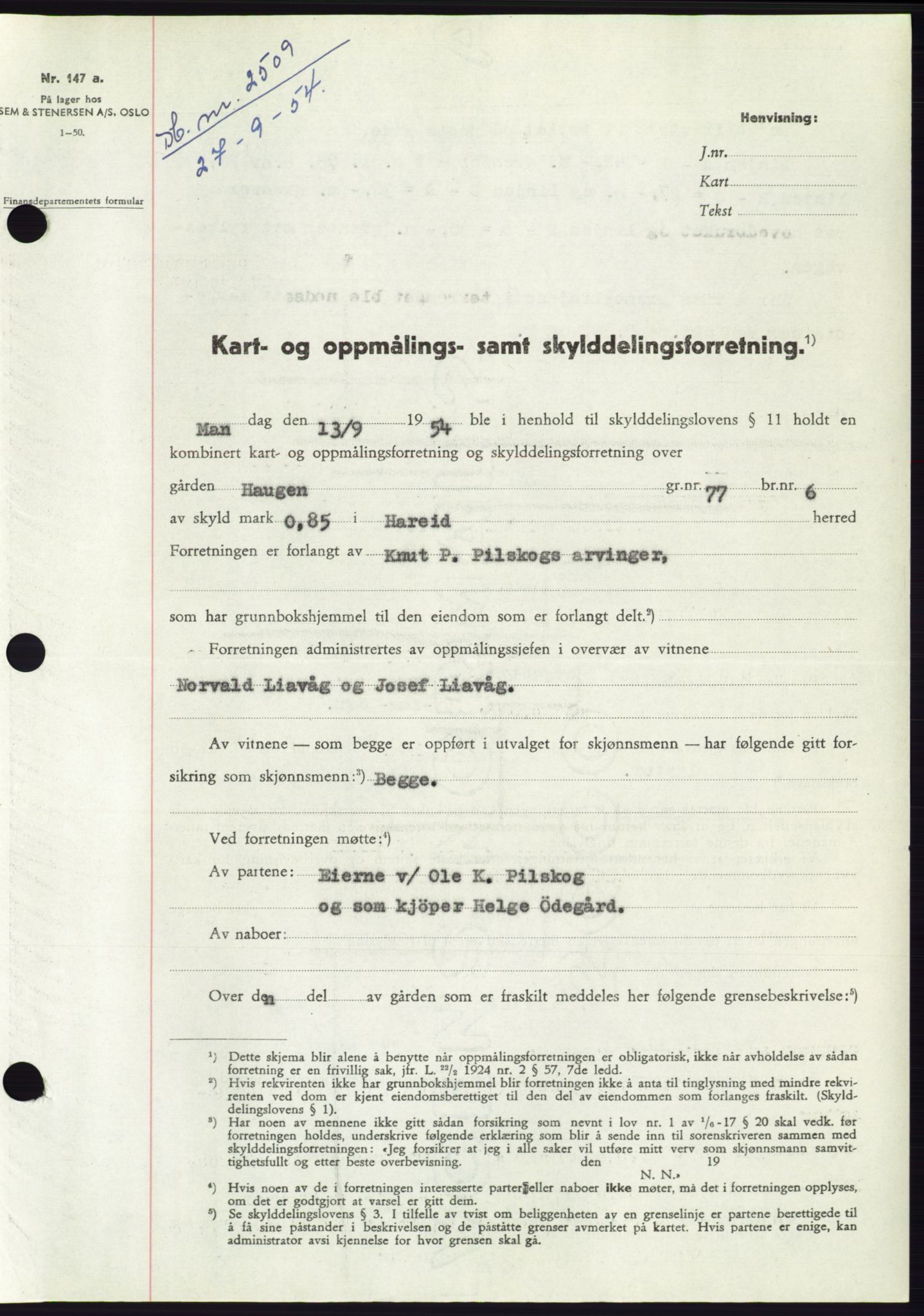Søre Sunnmøre sorenskriveri, SAT/A-4122/1/2/2C/L0098: Pantebok nr. 24A, 1954-1954, Dagboknr: 2509/1954