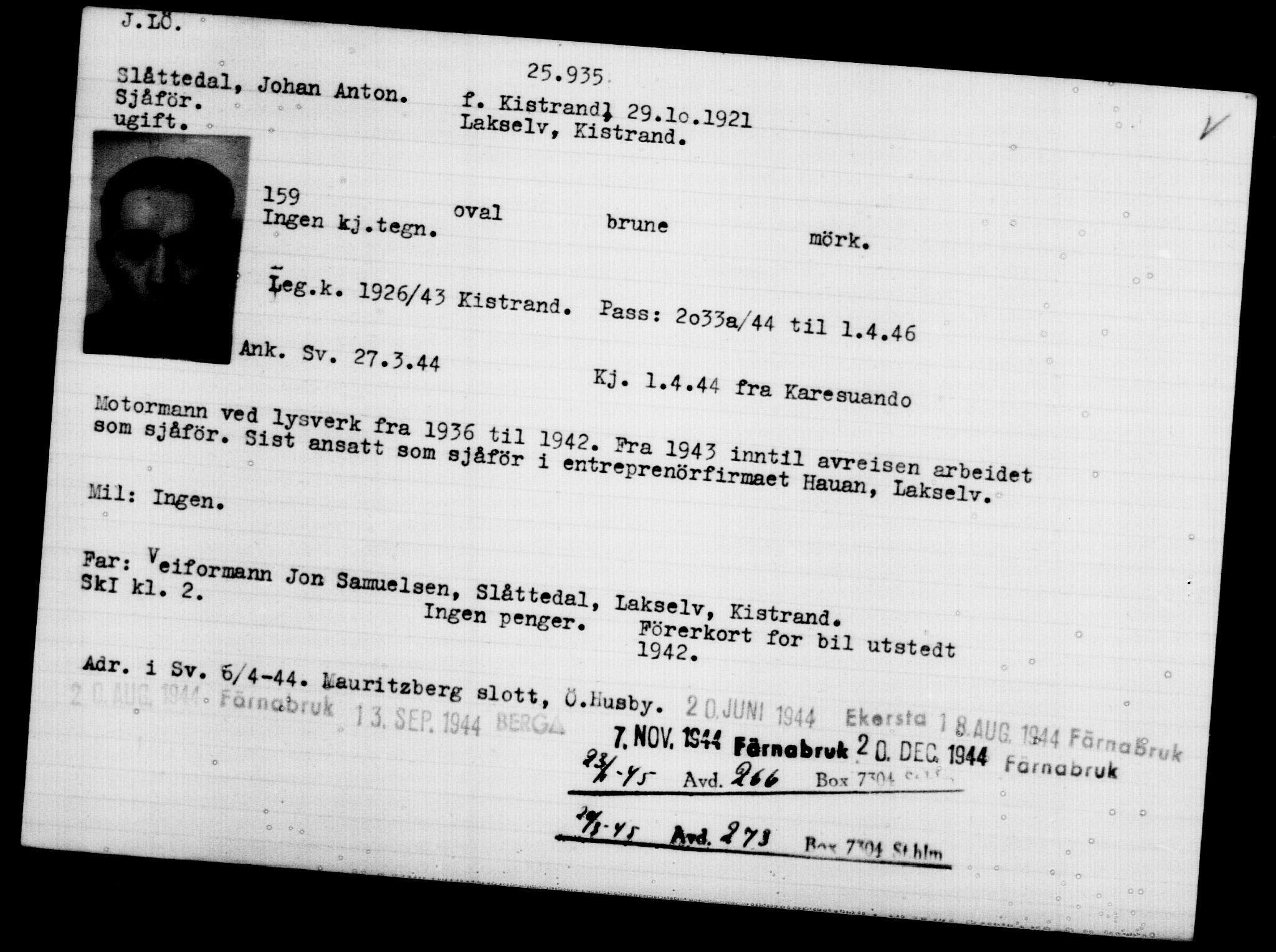 Utenriksstasjonene, Legasjonen i Stockholm, Flyktningkontoret, AV/RA-S-6753/V/Va/L0011: Kjesäterkartoteket, flyktning nr. 25300-28349, 1940-1945, s. 663