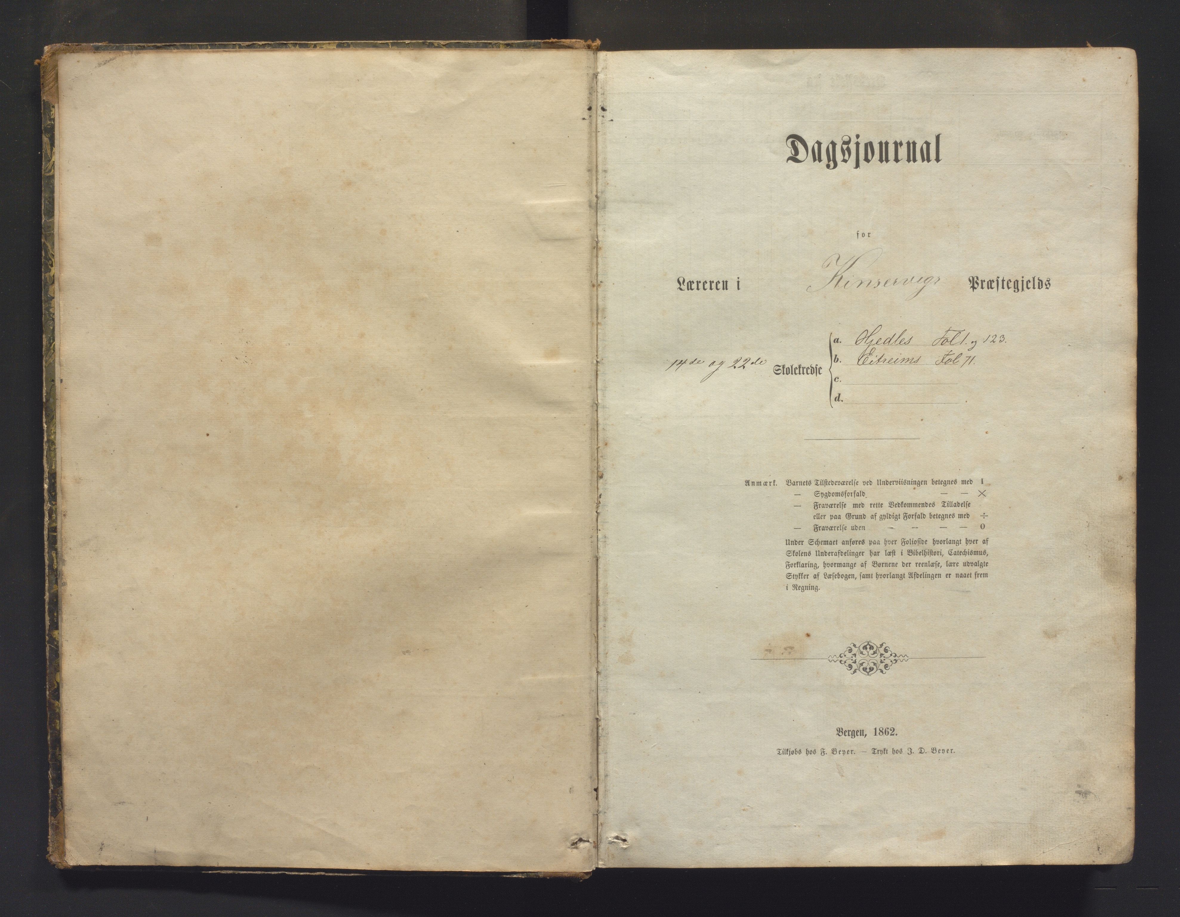 Ullensvang herad. Barneskulane , IKAH/1231b-231/G/Ga/Gac/L0001: Dagbok for læraren i Kinsarvik prestegjeld m/karakter for 14. og 22. skulekrins , 1864-1882