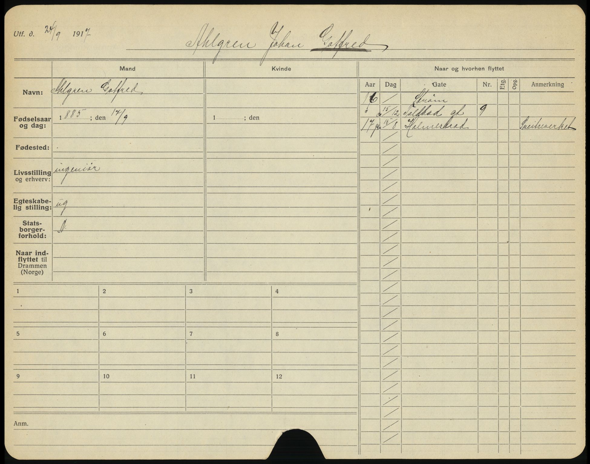 Drammen folkeregister, AV/SAKO-A-136/G/Ga/L0003: Utflyttede, 1917