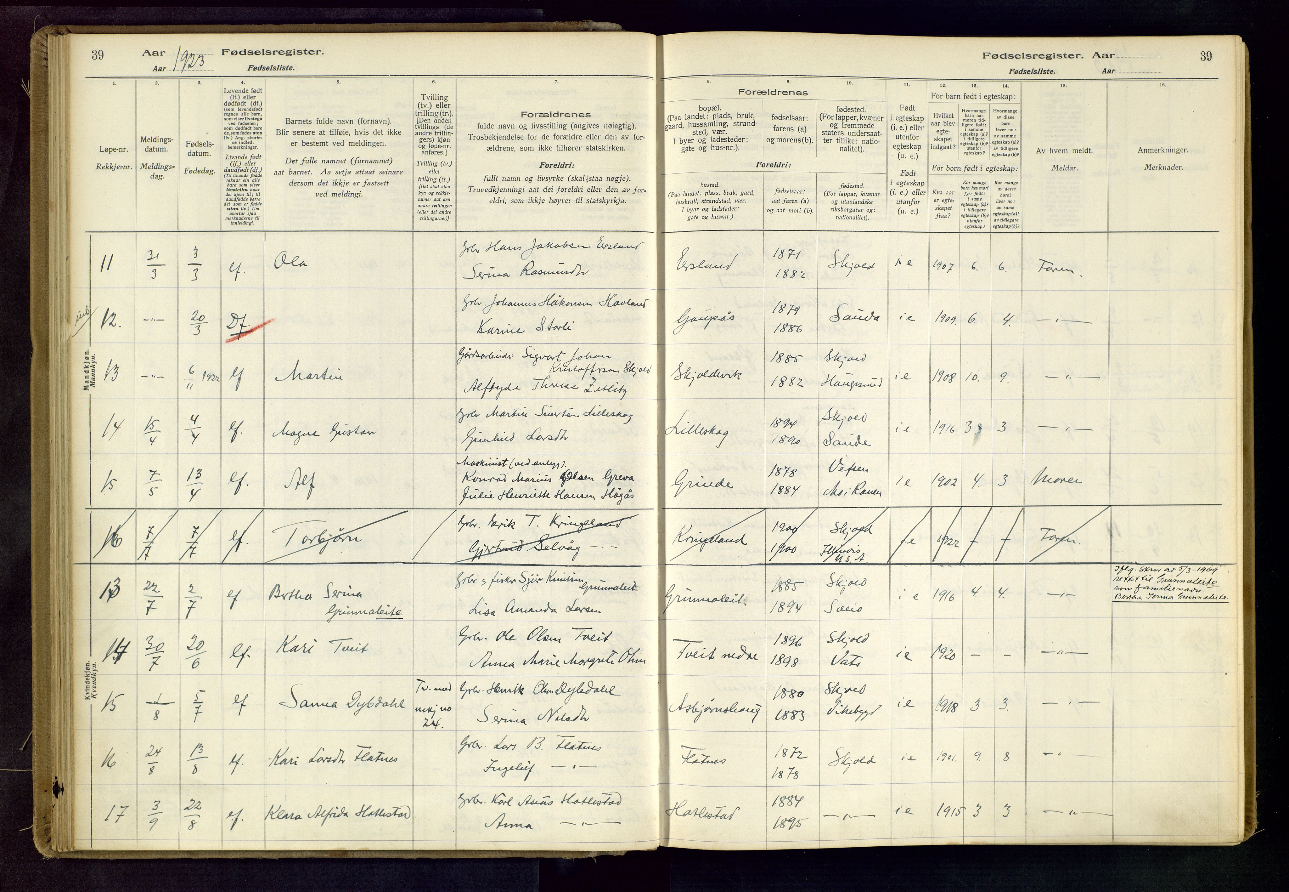 Skjold sokneprestkontor, SAST/A-101847/I/Id/L0001: Fødselsregister nr. 1, 1917-1951, s. 39