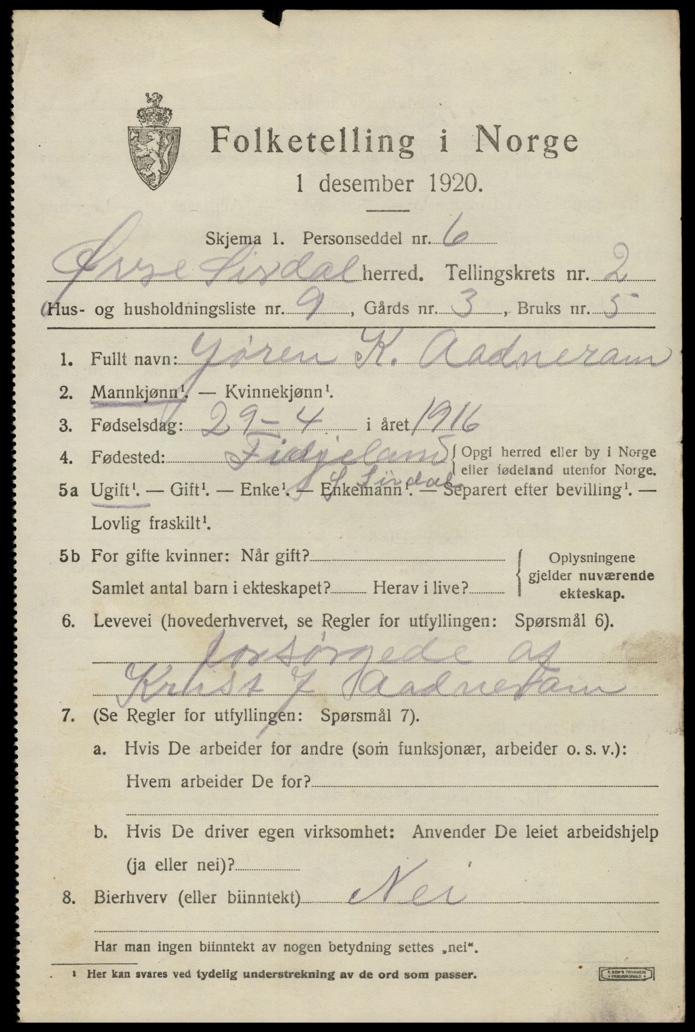 SAK, Folketelling 1920 for 1047 Øvre Sirdal herred, 1920, s. 531