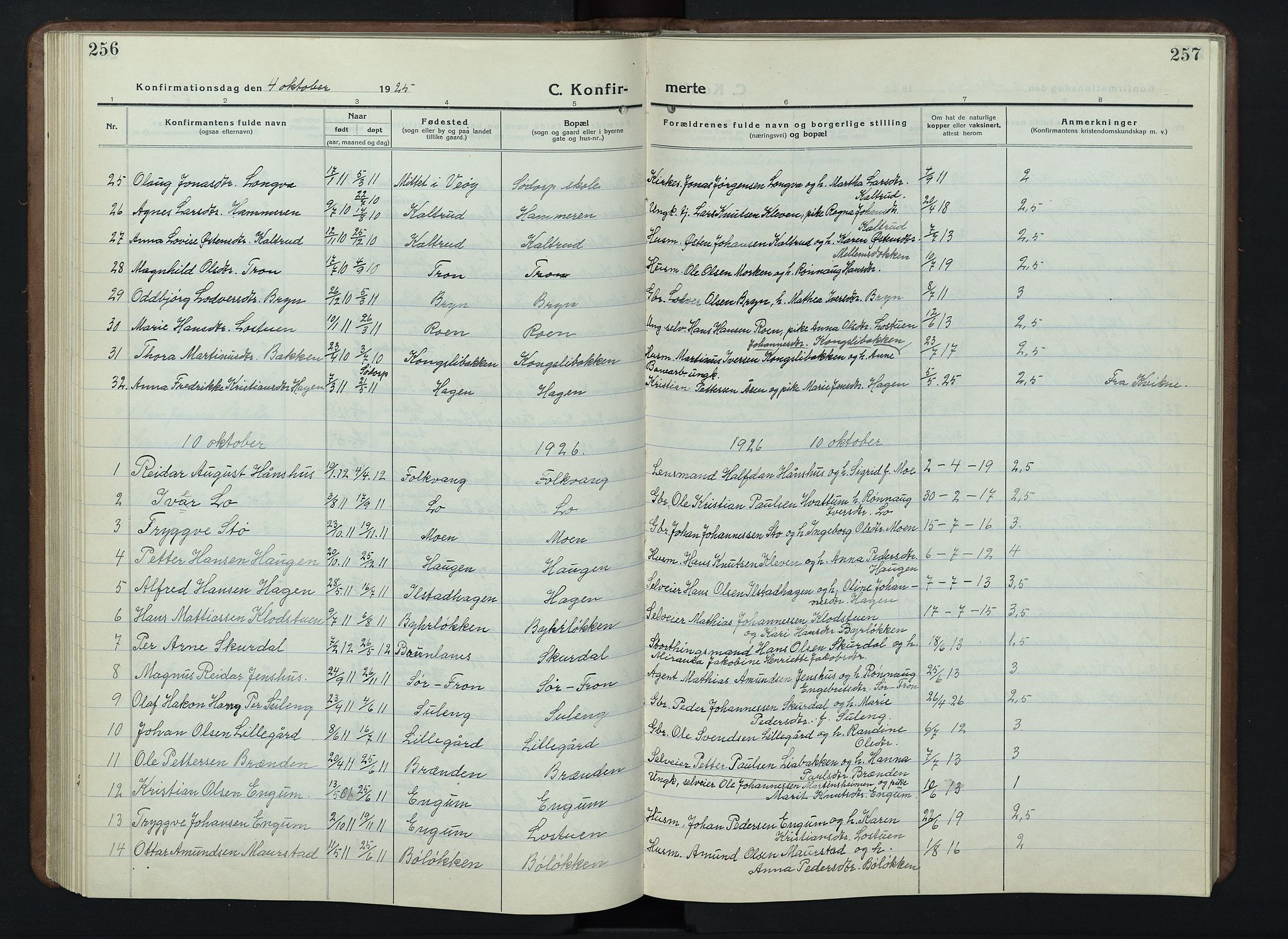 Nord-Fron prestekontor, SAH/PREST-080/H/Ha/Hab/L0007: Klokkerbok nr. 7, 1915-1946, s. 256-257