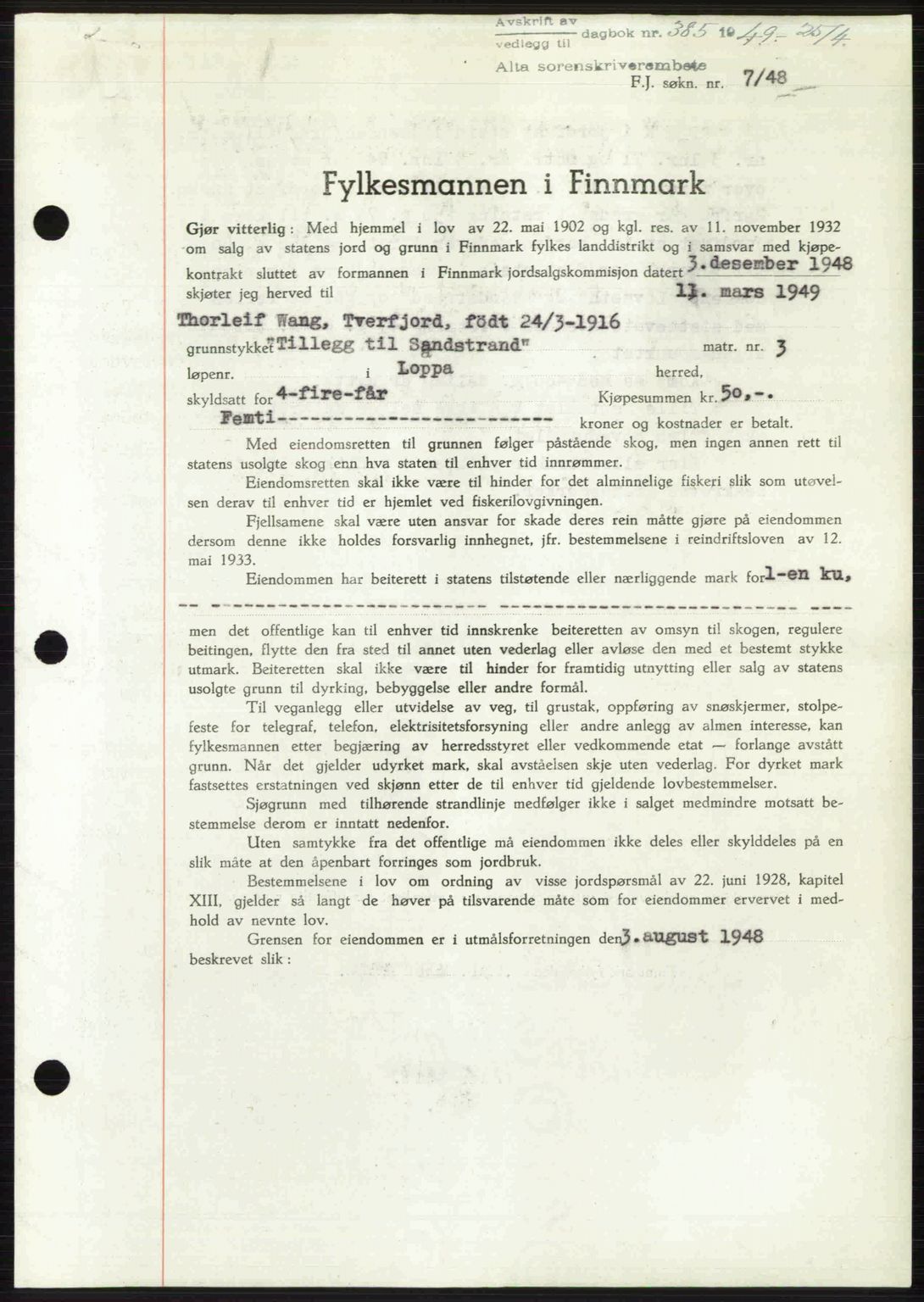 Alta fogderi/sorenskriveri, SATØ/SATØ-5/1/K/Kd/L0037pantebok: Pantebok nr. 39-40, 1948-1949, Dagboknr: 385/1949