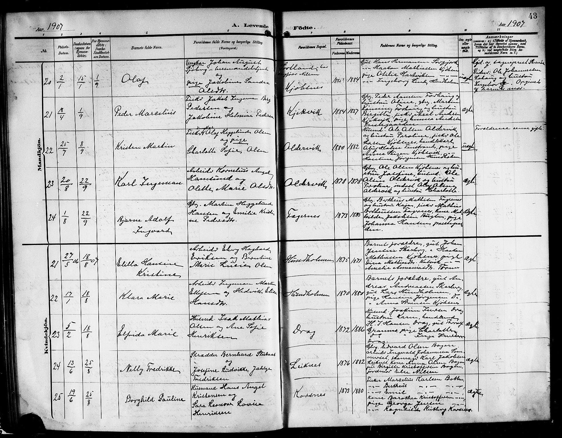 Ministerialprotokoller, klokkerbøker og fødselsregistre - Nordland, AV/SAT-A-1459/861/L0877: Klokkerbok nr. 861C03, 1903-1919, s. 43