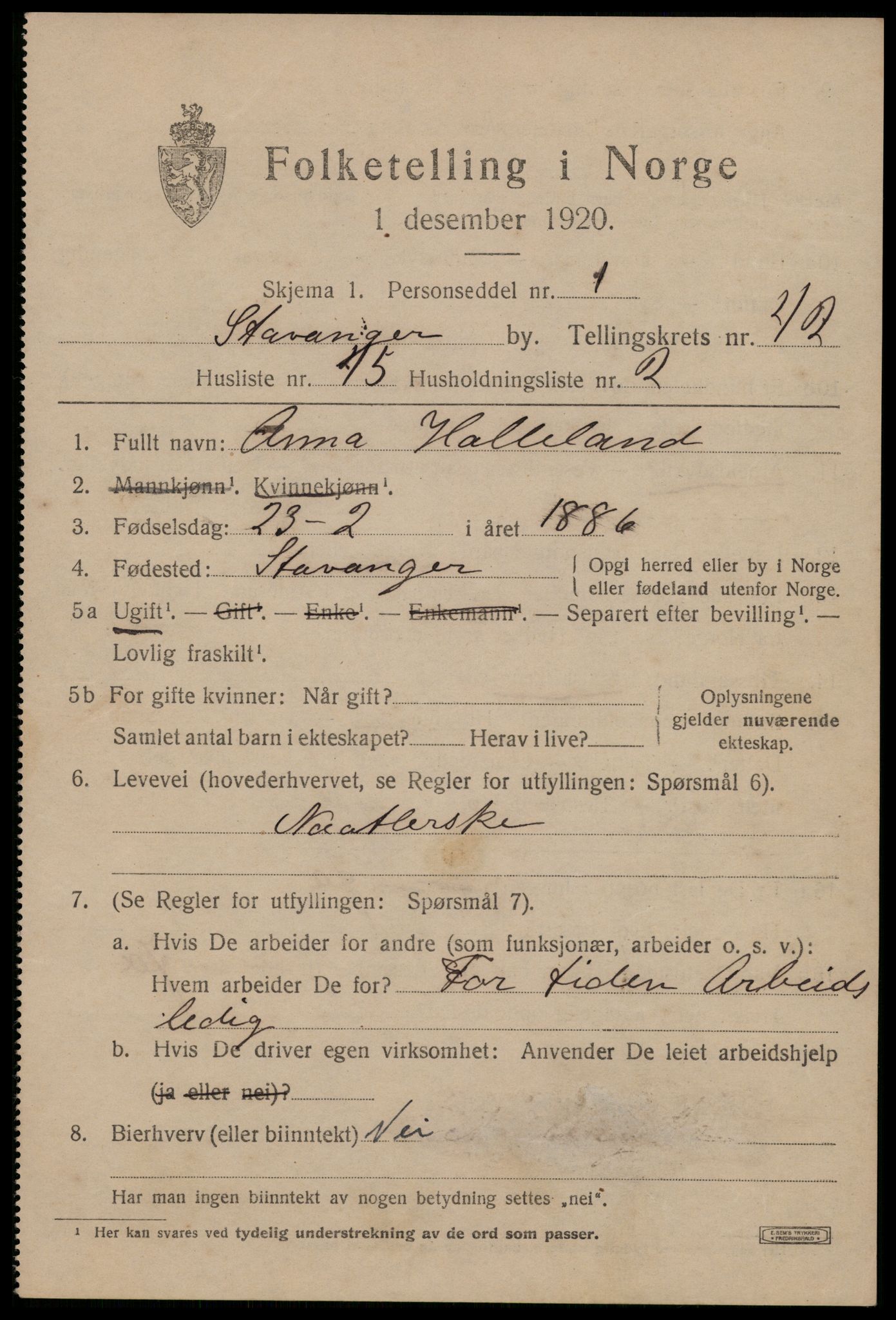 SAST, Folketelling 1920 for 1103 Stavanger kjøpstad, 1920, s. 105810