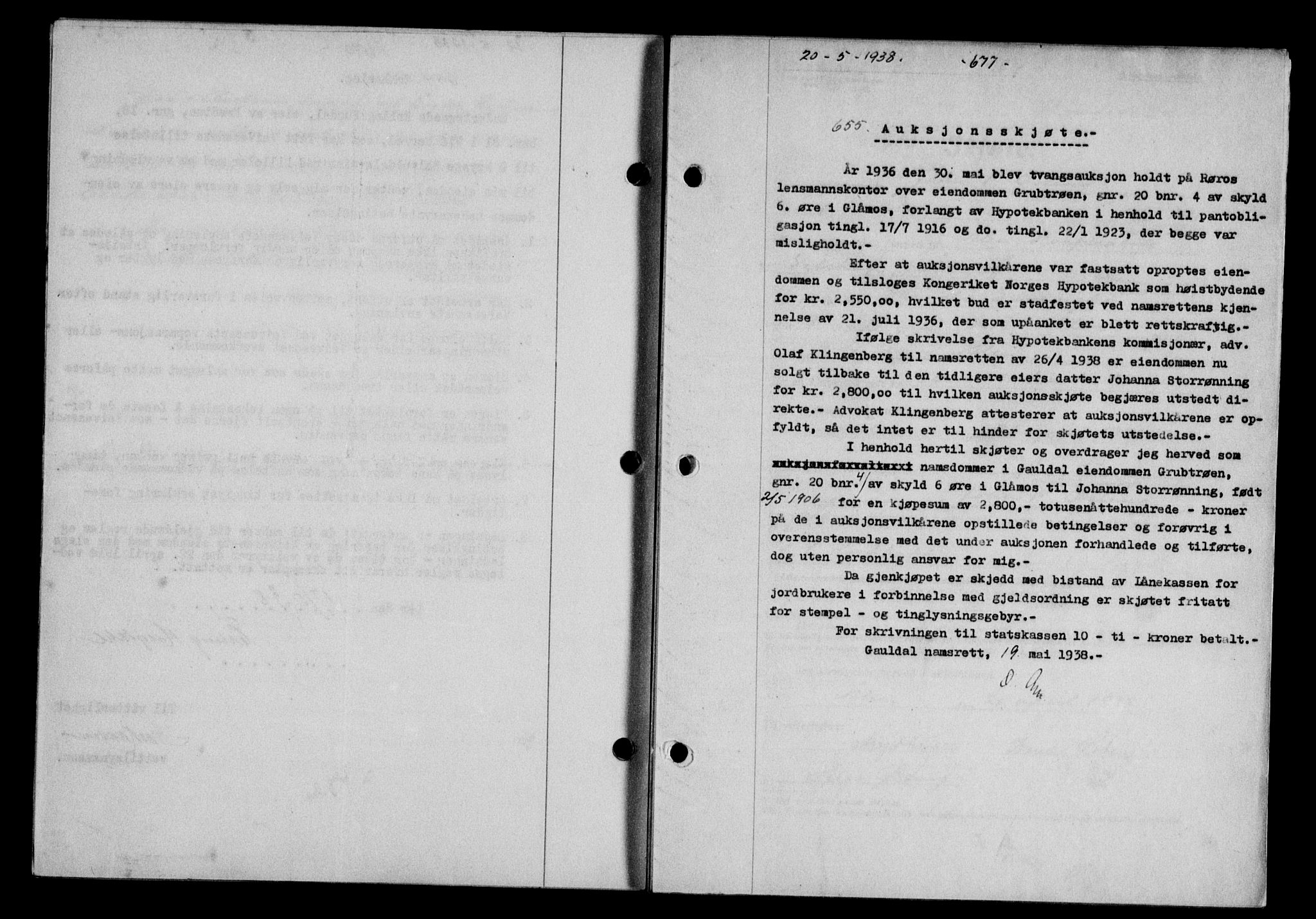 Gauldal sorenskriveri, SAT/A-0014/1/2/2C/L0048: Pantebok nr. 51-52, 1937-1938, s. 677, Dagboknr: 655/1938