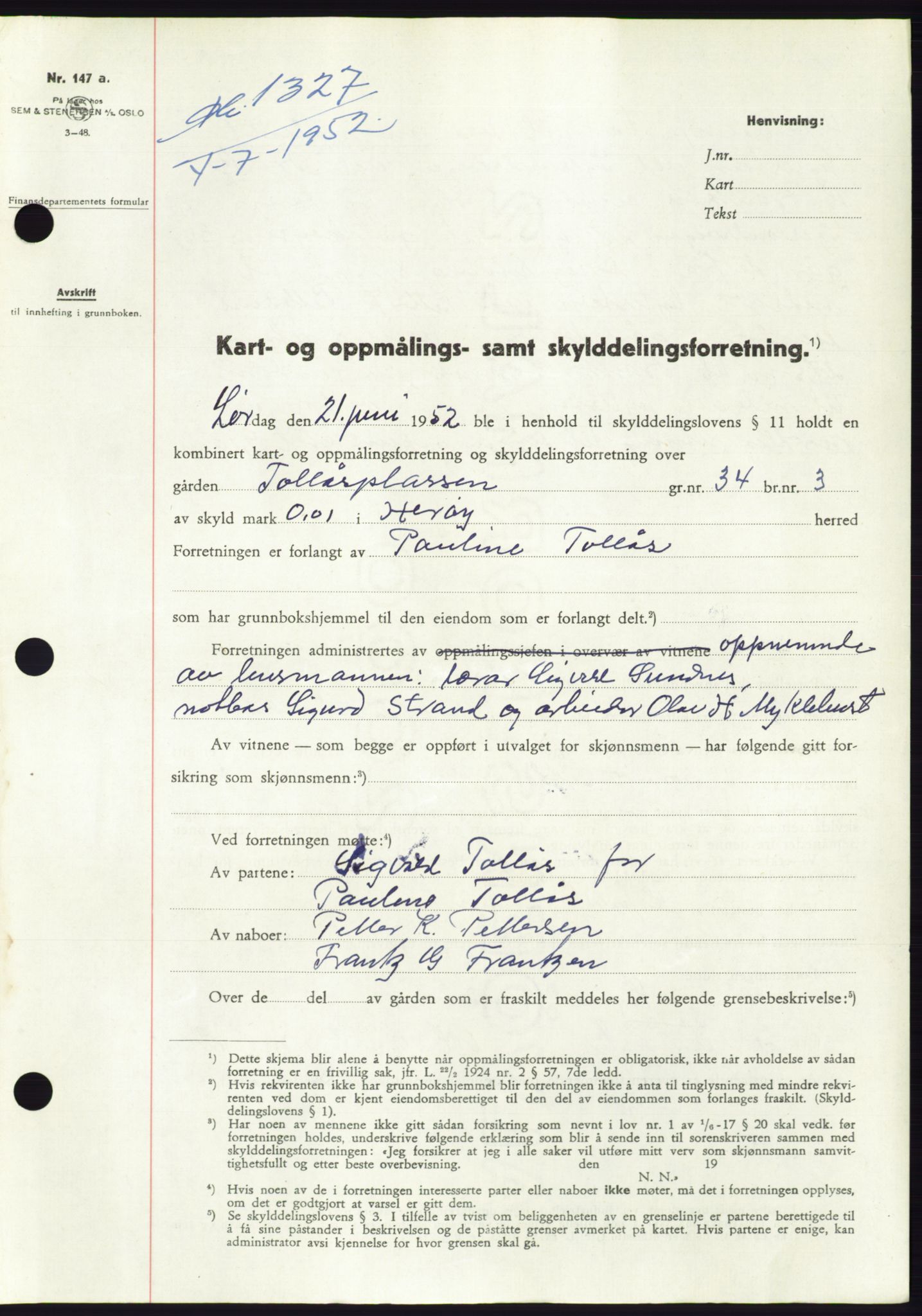 Søre Sunnmøre sorenskriveri, AV/SAT-A-4122/1/2/2C/L0092: Pantebok nr. 18A, 1952-1952, Dagboknr: 1327/1952