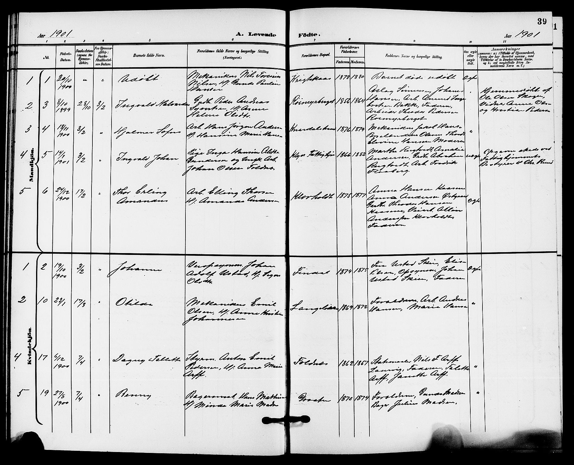 Solum kirkebøker, AV/SAKO-A-306/G/Ga/L0008: Klokkerbok nr. I 8, 1898-1909, s. 39