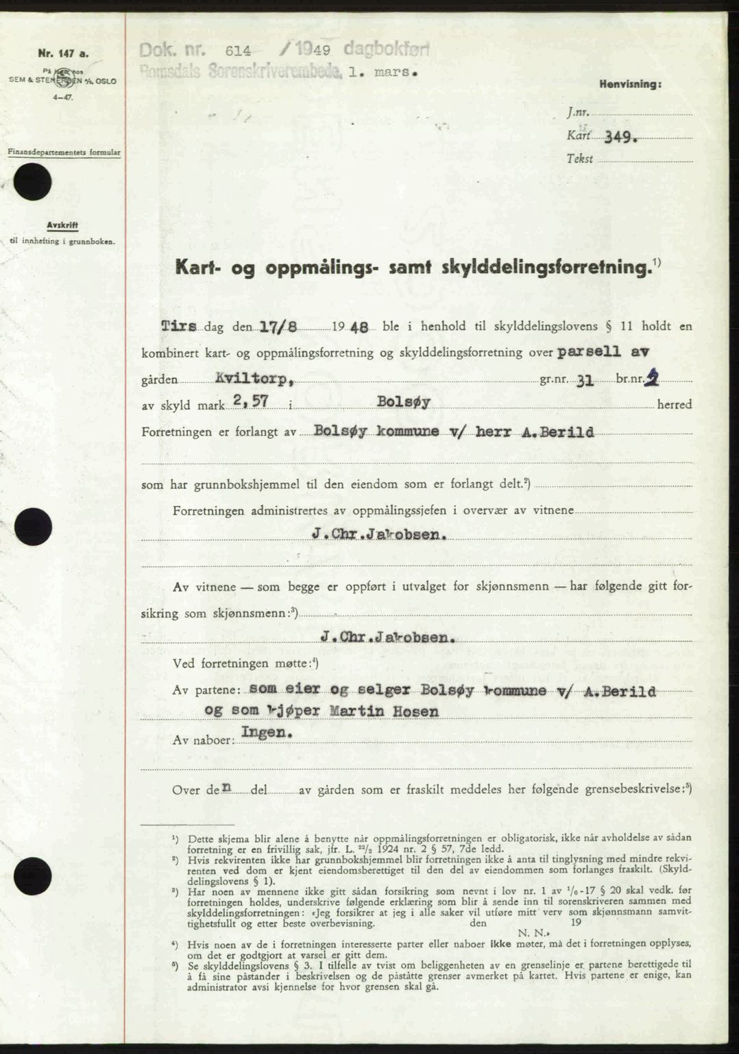 Romsdal sorenskriveri, SAT/A-4149/1/2/2C: Pantebok nr. A29, 1949-1949, Dagboknr: 614/1949