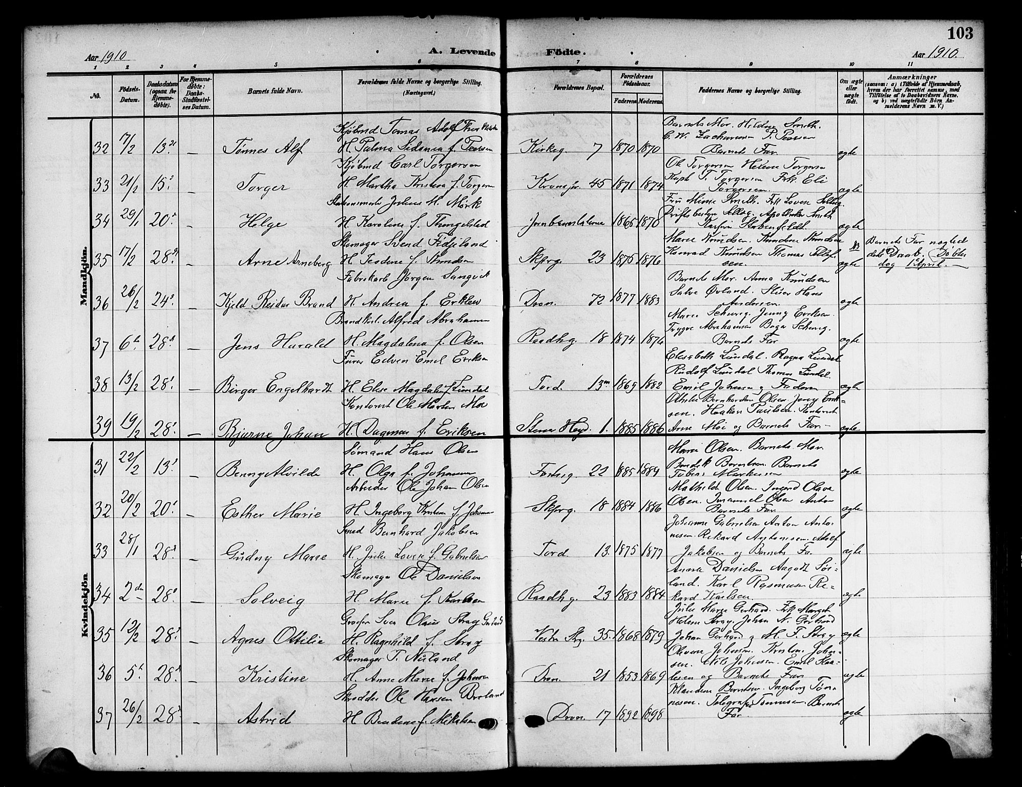 Kristiansand domprosti, AV/SAK-1112-0006/F/Fb/L0019: Klokkerbok nr. B 19, 1905-1914, s. 103