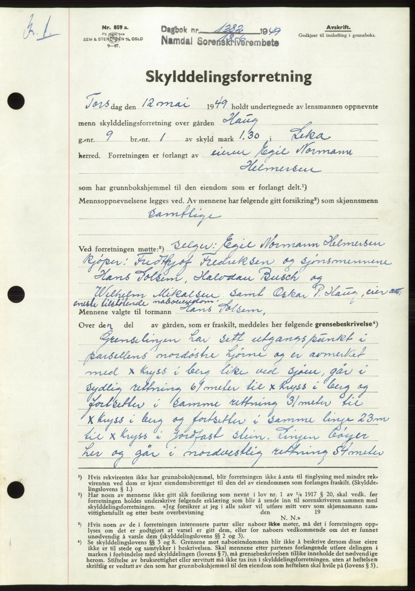 Namdal sorenskriveri, SAT/A-4133/1/2/2C: Pantebok nr. -, 1949-1949, Dagboknr: 1382/1949