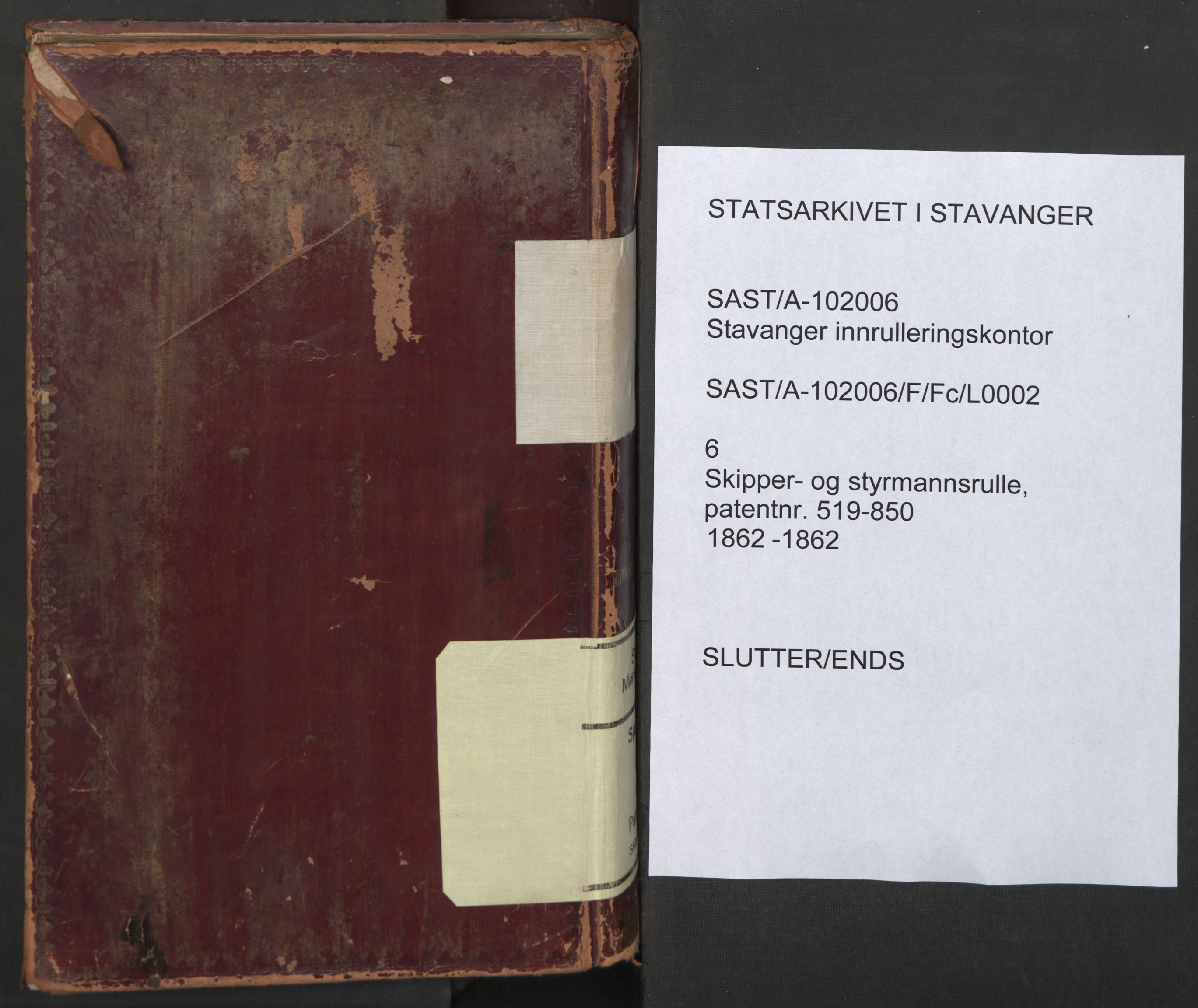 Stavanger sjømannskontor, SAST/A-102006/F/Fc/L0002: Skipper- og styrmannsrulle, patentnr. 519-850, 1862, s. 142