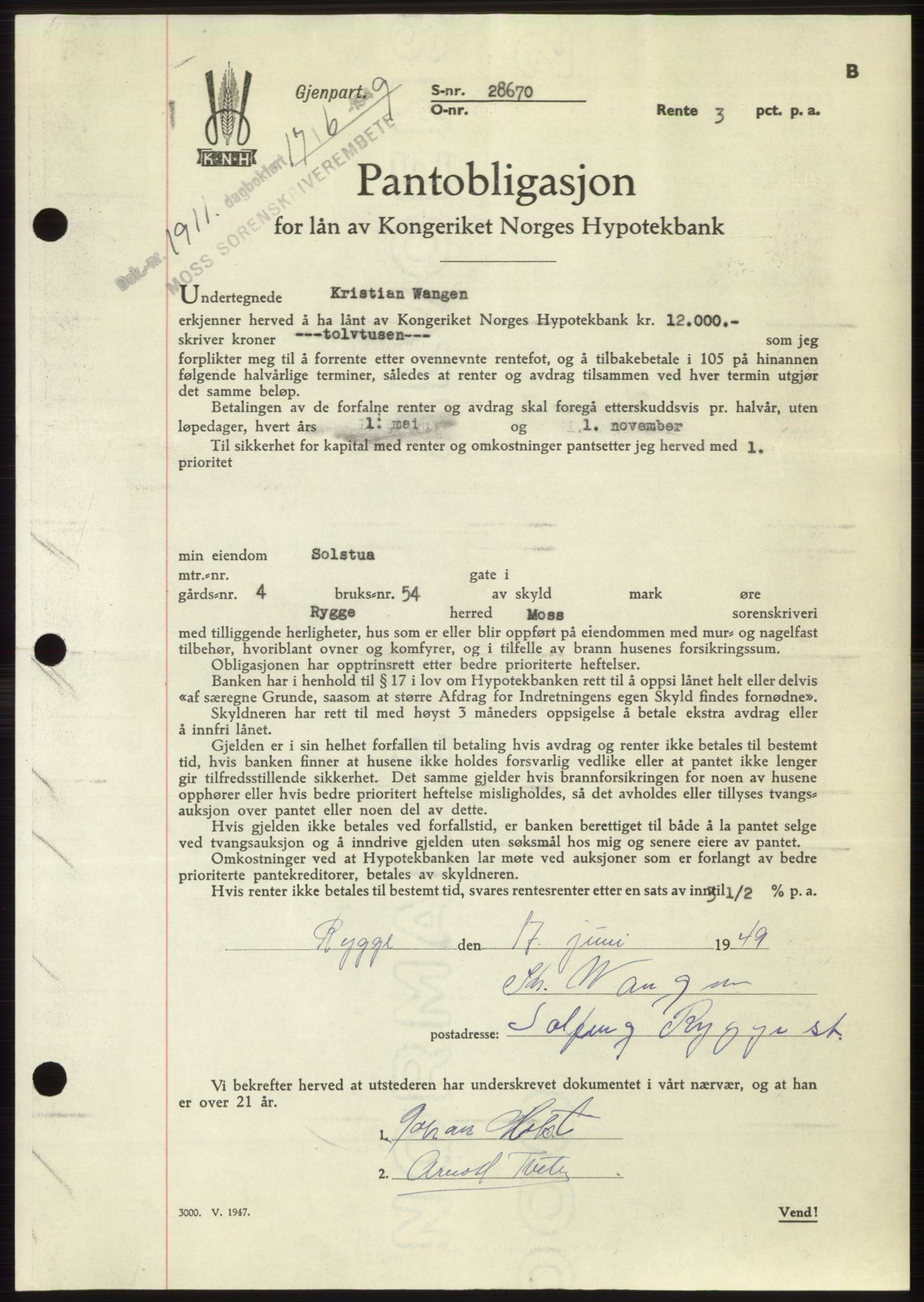 Moss sorenskriveri, SAO/A-10168: Pantebok nr. B22, 1949-1949, Dagboknr: 1911/1949