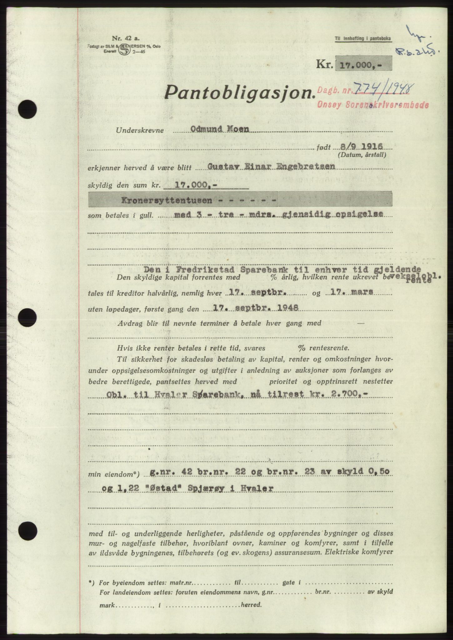 Onsøy sorenskriveri, SAO/A-10474/G/Ga/Gac/L0007: Pantebok nr. B 14-7, 1948-1948, Dagboknr: 774/1948