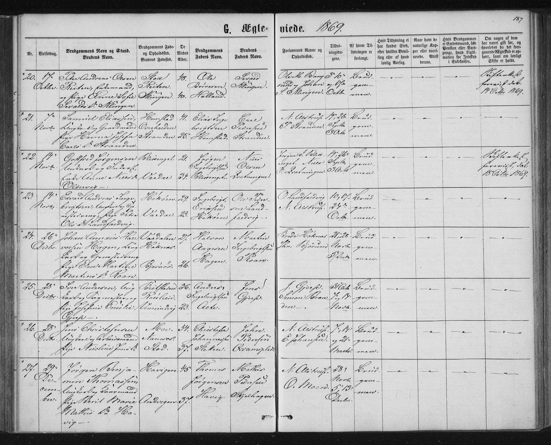 Ministerialprotokoller, klokkerbøker og fødselsregistre - Nord-Trøndelag, AV/SAT-A-1458/768/L0570: Ministerialbok nr. 768A05, 1865-1874, s. 187