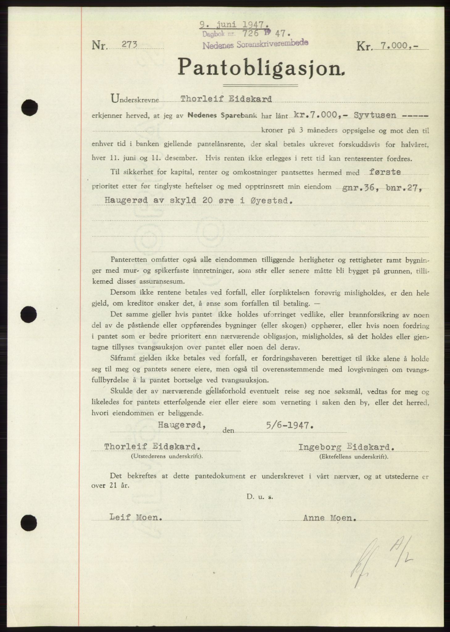 Nedenes sorenskriveri, AV/SAK-1221-0006/G/Gb/Gbb/L0004: Pantebok nr. B4, 1947-1947, Dagboknr: 726/1947