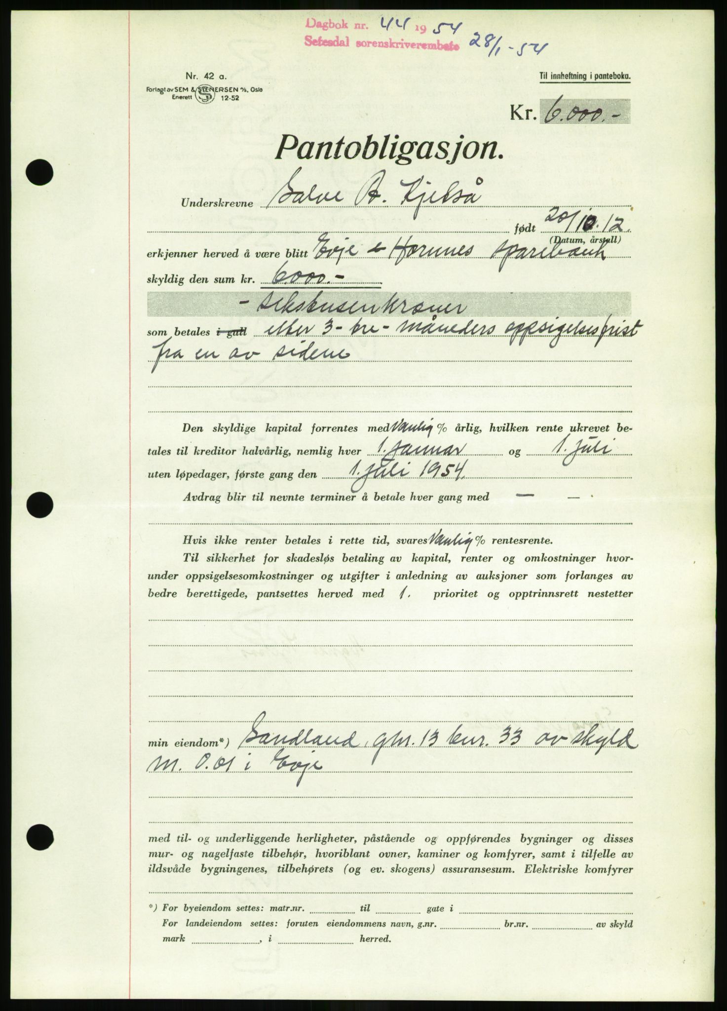 Setesdal sorenskriveri, SAK/1221-0011/G/Gb/L0052: Pantebok nr. B 40, 1954-1955, Dagboknr: 44/1954