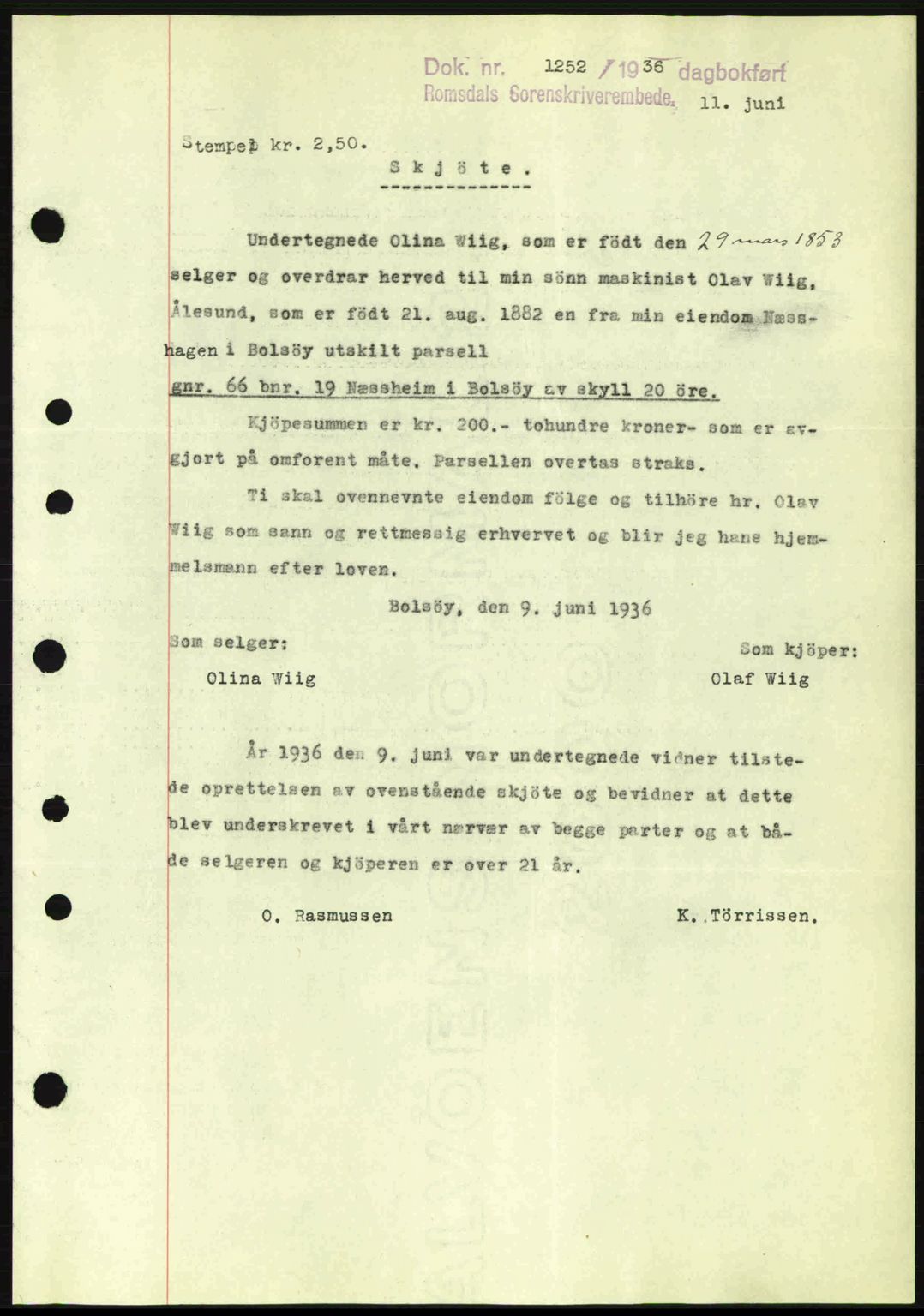 Romsdal sorenskriveri, SAT/A-4149/1/2/2C: Pantebok nr. A1, 1936-1936, Dagboknr: 1252/1936