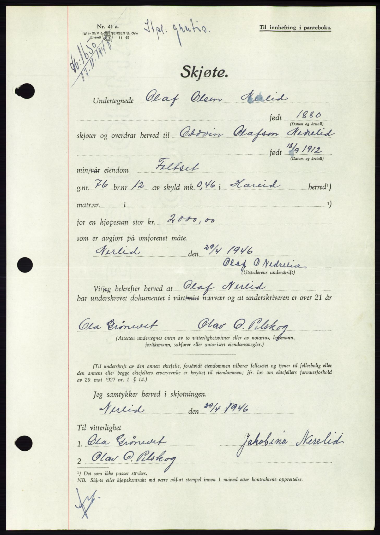 Søre Sunnmøre sorenskriveri, SAT/A-4122/1/2/2C/L0081: Pantebok nr. 7A, 1947-1948, Dagboknr: 1650/1947