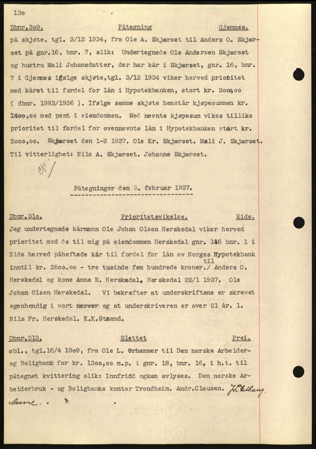 Nordmøre sorenskriveri, SAT/A-4132/1/2/2Ca: Pantebok nr. C80, 1936-1939, Dagboknr: 309/1937