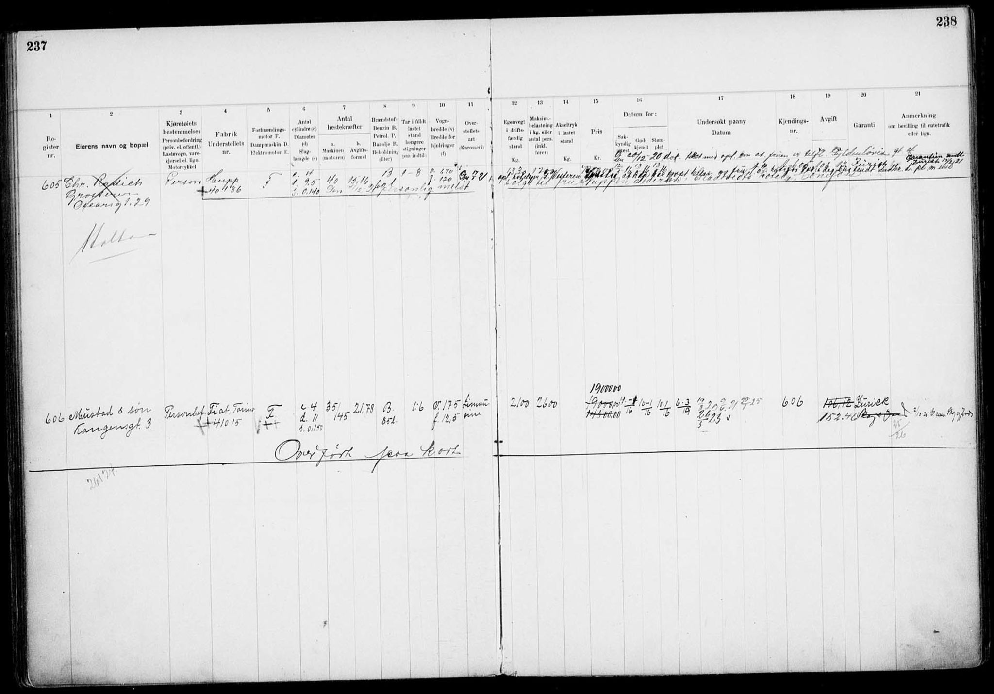 Vegdirektoratet, Bilavdelingen M, AV/RA-S-1663/F/Fa/L0002: Bilregisterprotokoll. Reg.nr. A1-A29 og A400-A902, 1913-1926, s. 237-238