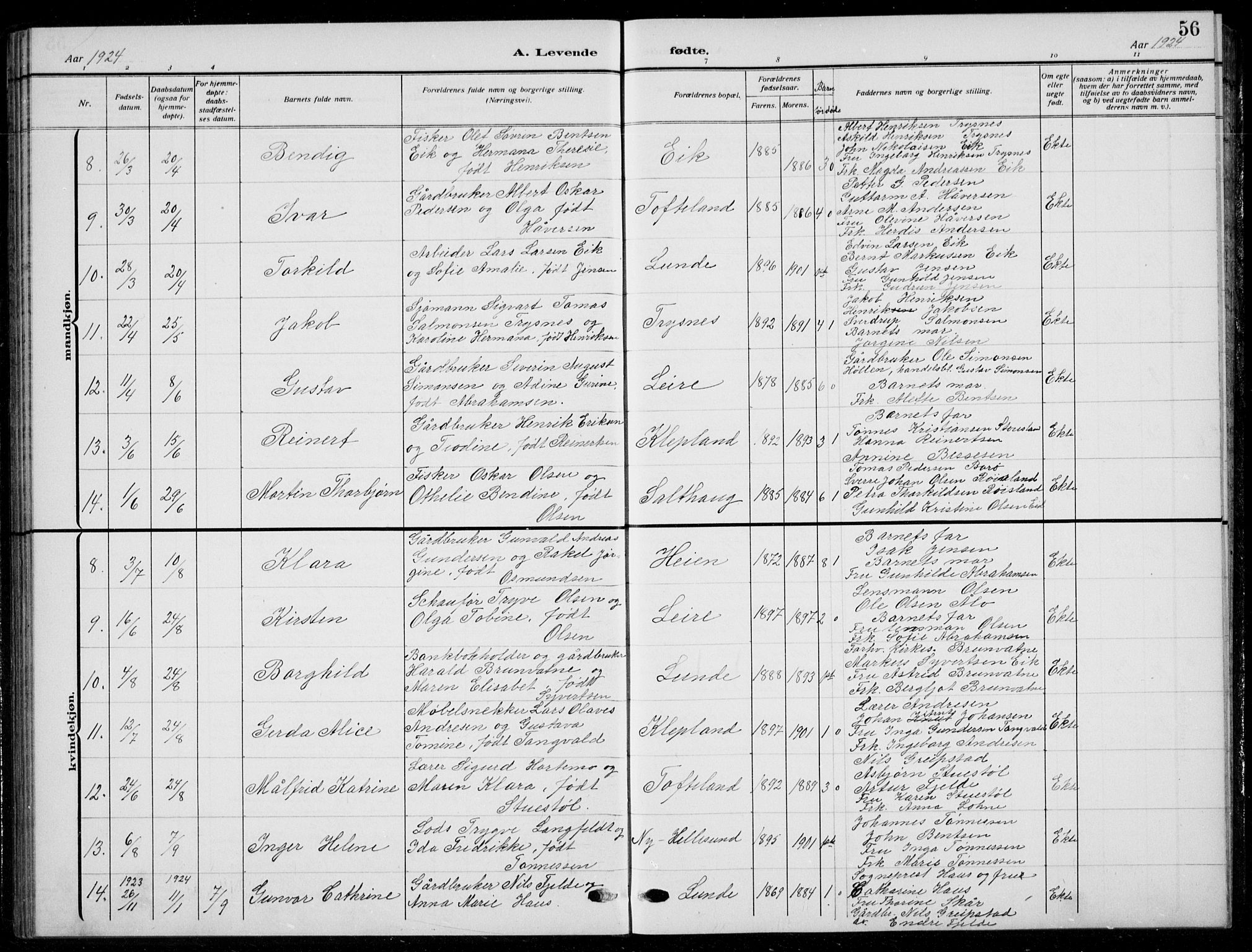 Søgne sokneprestkontor, AV/SAK-1111-0037/F/Fb/Fbb/L0007: Klokkerbok nr. B 7, 1912-1931, s. 56