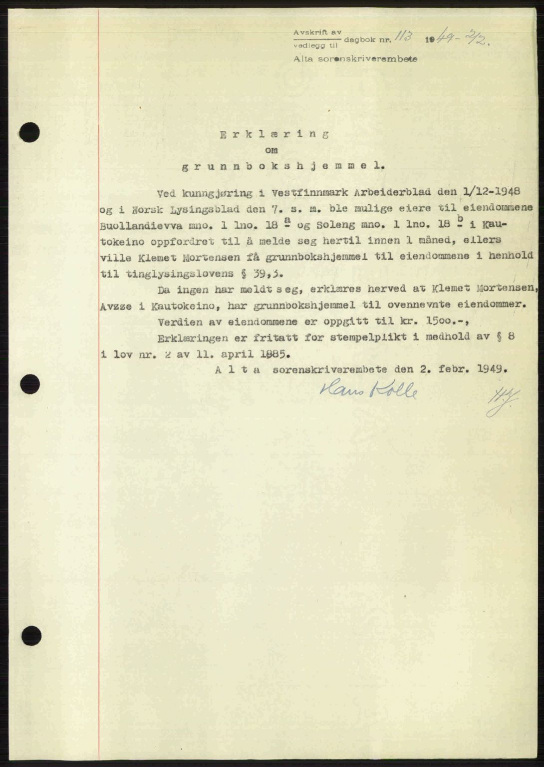 Alta fogderi/sorenskriveri, SATØ/SATØ-5/1/K/Kd/L0037pantebok: Pantebok nr. 39-40, 1948-1949, Dagboknr: 113/1949