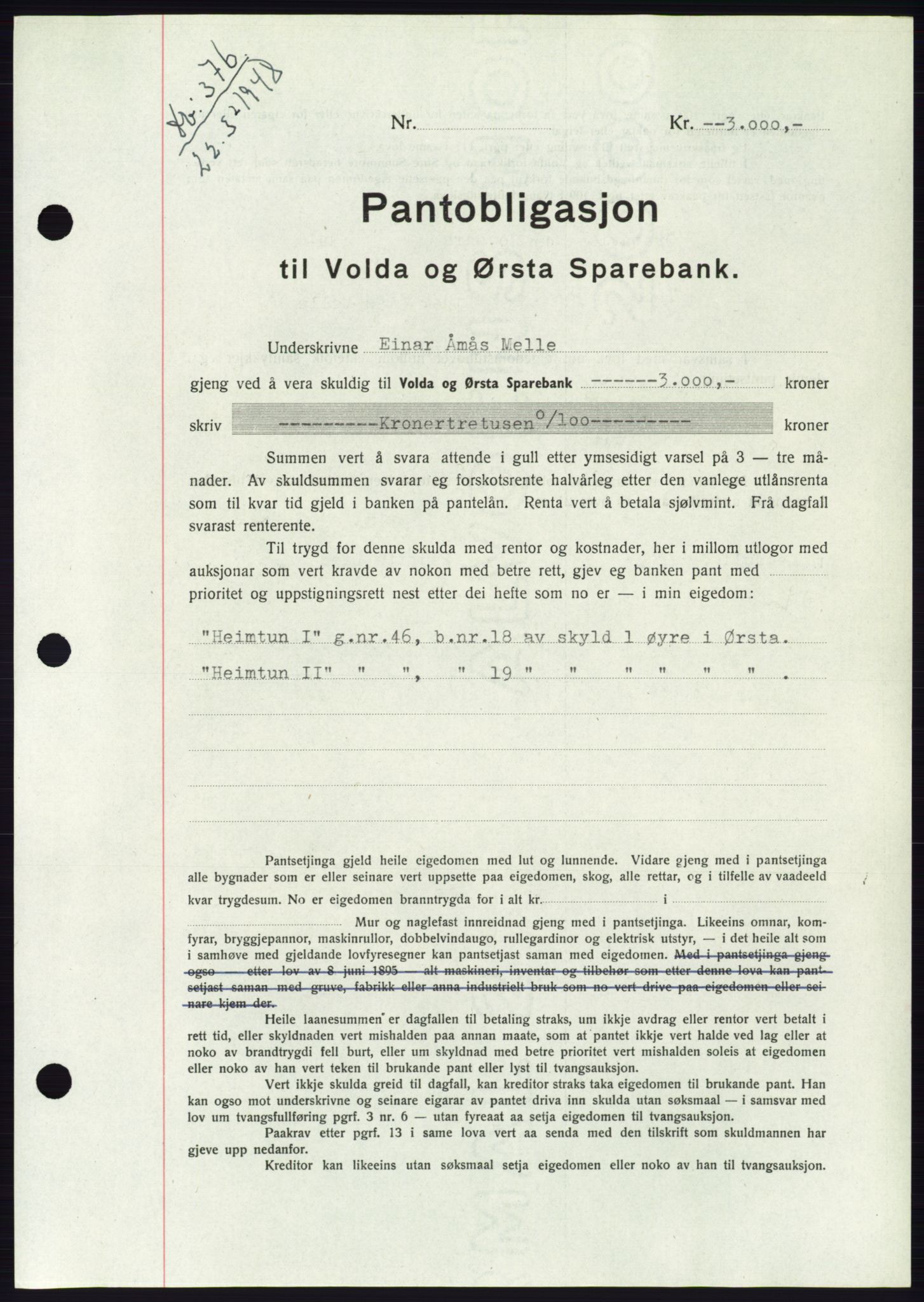 Søre Sunnmøre sorenskriveri, AV/SAT-A-4122/1/2/2C/L0115: Pantebok nr. 3B, 1947-1948, Dagboknr: 376/1948