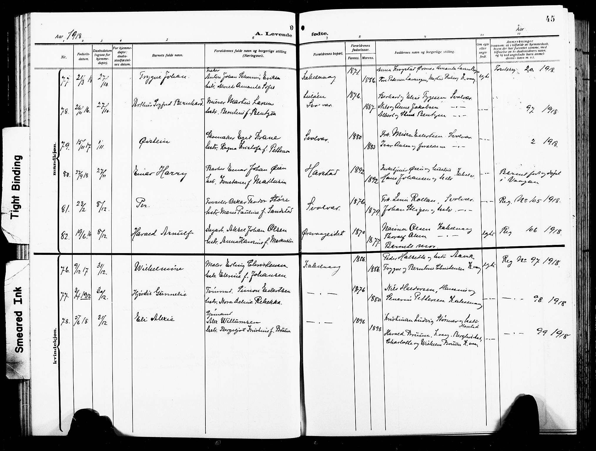 Ministerialprotokoller, klokkerbøker og fødselsregistre - Nordland, AV/SAT-A-1459/874/L1080: Klokkerbok nr. 874C09, 1915-1925, s. 45