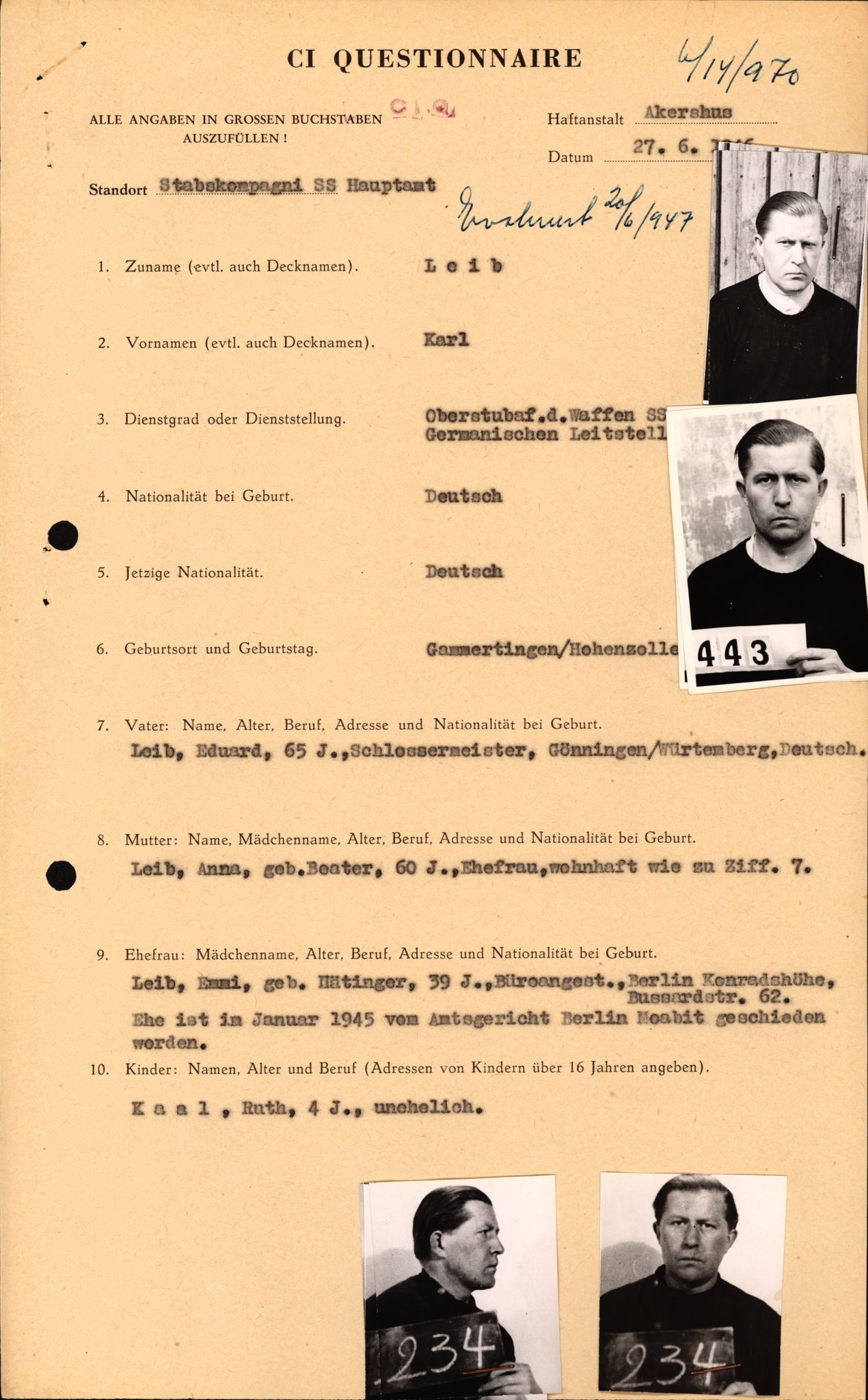 Forsvaret, Forsvarets overkommando II, RA/RAFA-3915/D/Db/L0020: CI Questionaires. Tyske okkupasjonsstyrker i Norge. Tyskere., 1945-1946, s. 1