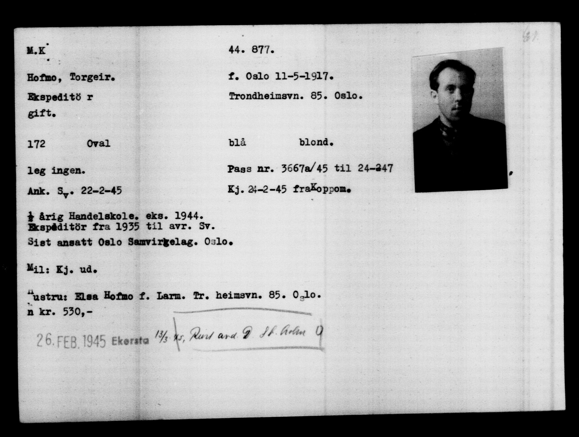 Utenriksstasjonene, Legasjonen i Stockholm, Flyktningkontoret, AV/RA-S-6753/V/Va/L0017: Kjesäterkartoteket, flyktninger med registreringsnr. 43400-46318, 1940-1945, s. 1546