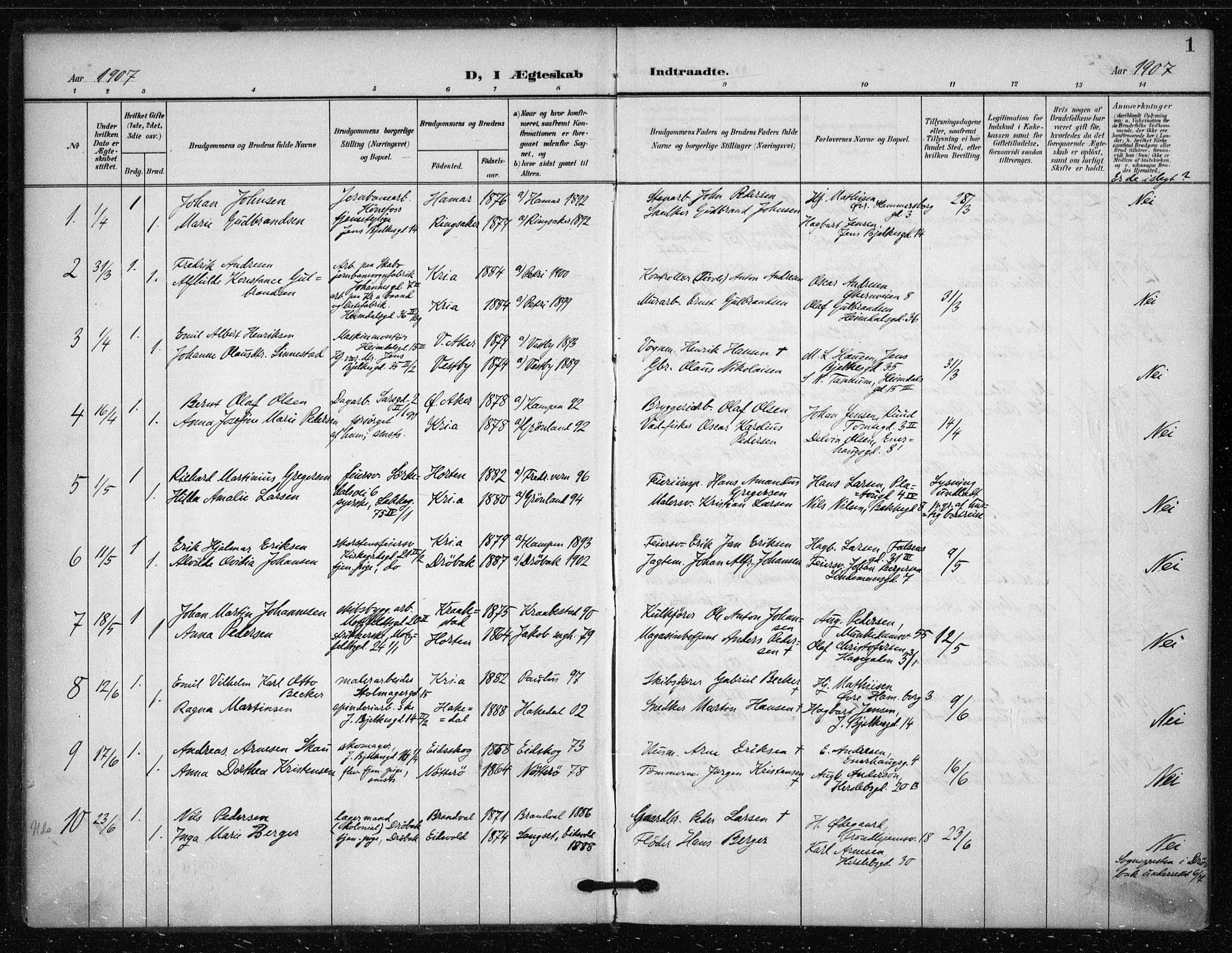Tøyen prestekontor Kirkebøker, AV/SAO-A-10167a/F/Fa/L0002: Ministerialbok nr. I 2, 1907-1916, s. 1