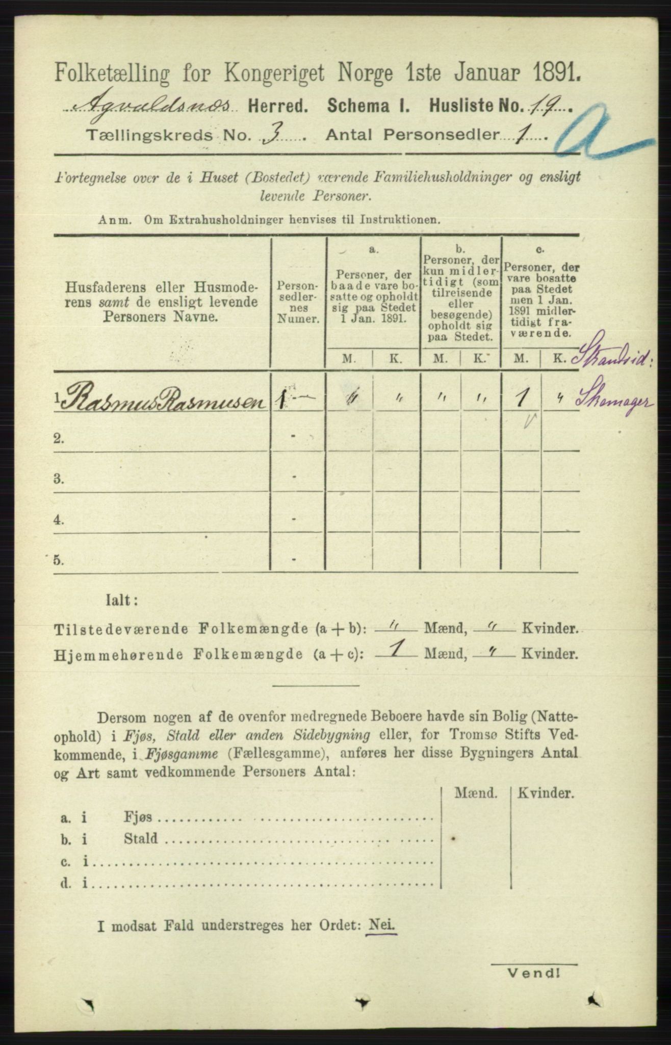 RA, Folketelling 1891 for 1147 Avaldsnes herred, 1891, s. 1009